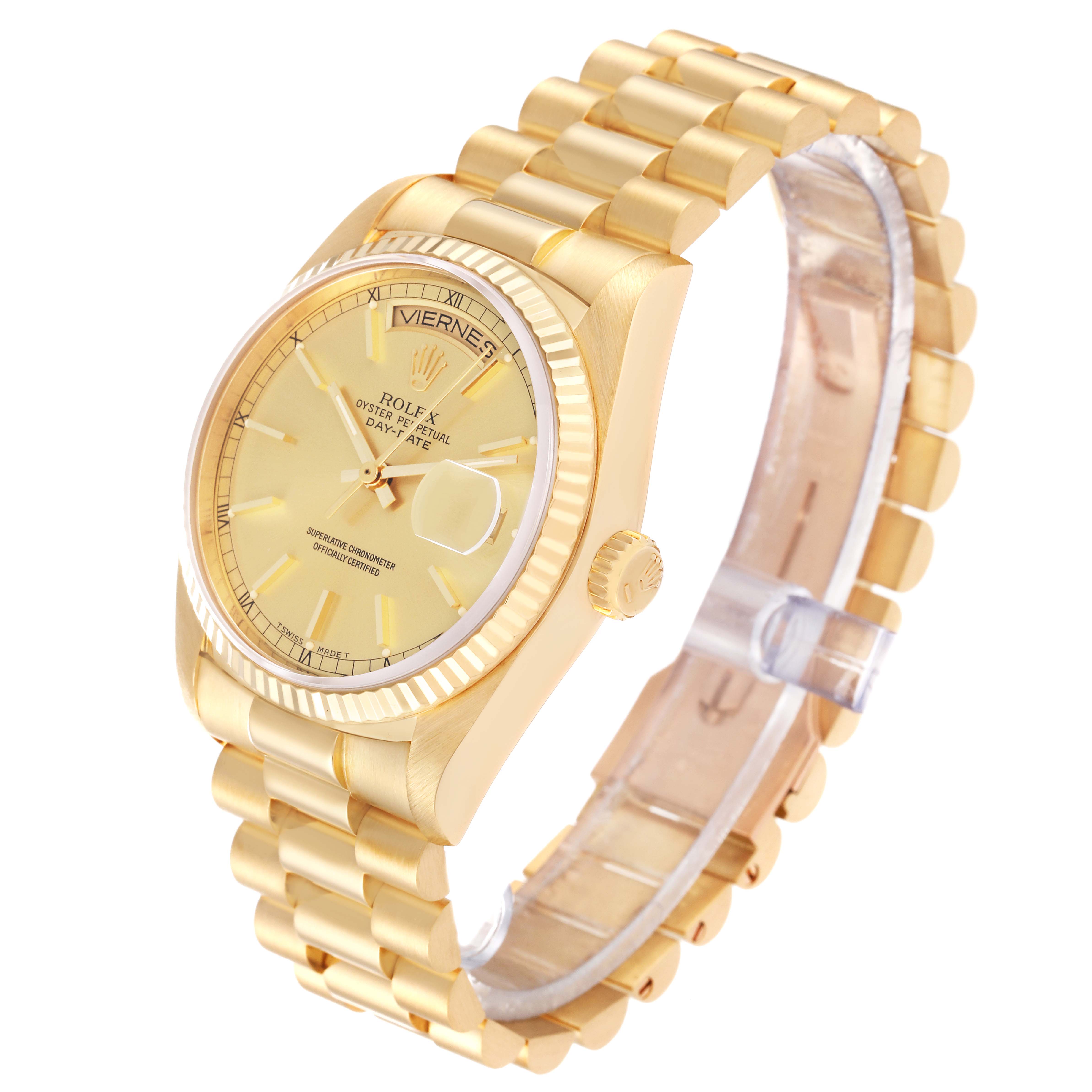 The image shows a Rolex President 18038 Men
s Yellow Gold Champagne Dial 18038 Men
s Yellow Gold Champagne Dial model watch at a three-quarter angle, highlighting the face, bracelet, and side.