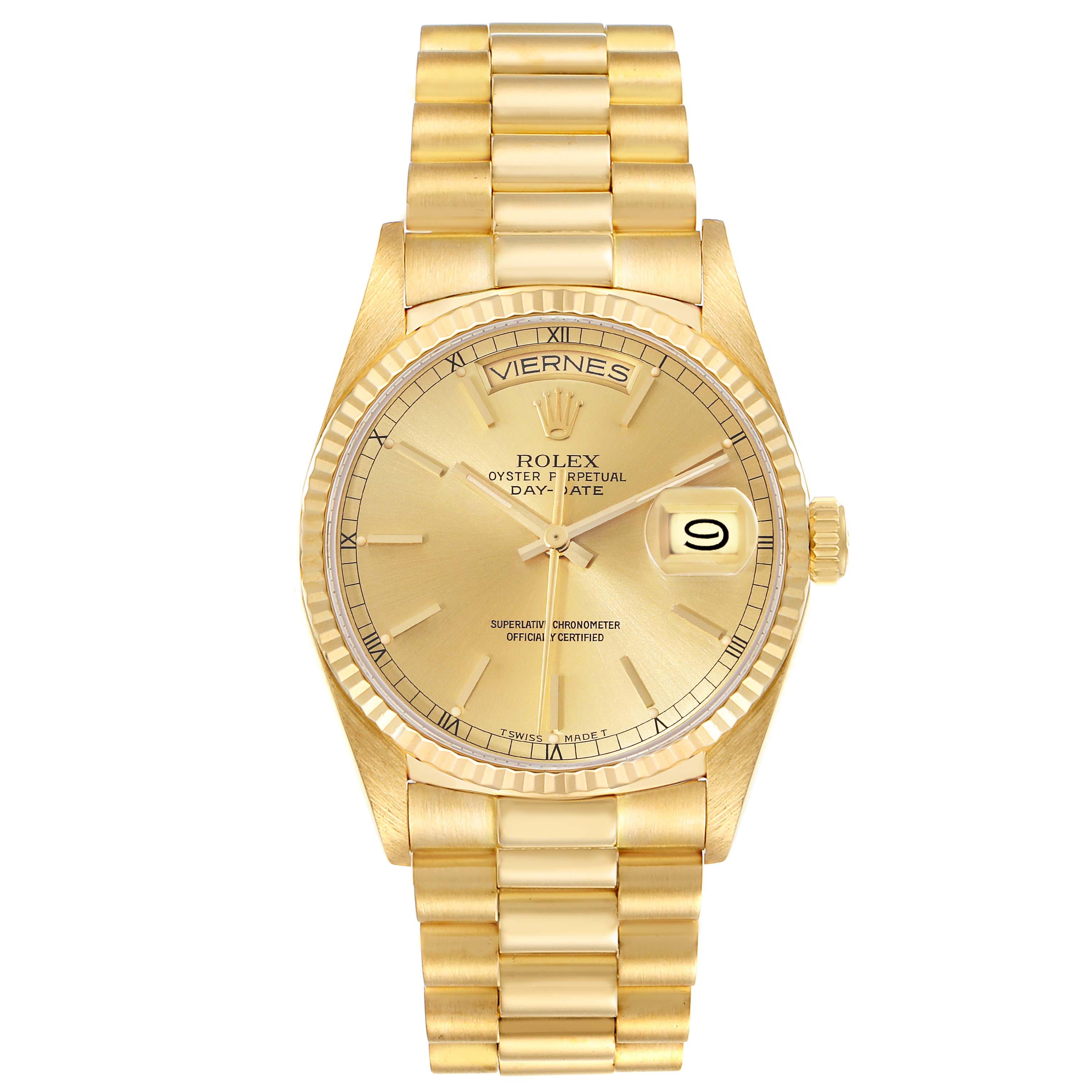 The image displays a Rolex President 18038 Men
s Yellow Gold Champagne Dial 18038 Men
s Yellow Gold Champagne Dial model watch from a top-down angle, showing its dial, bezel, and bracelet.