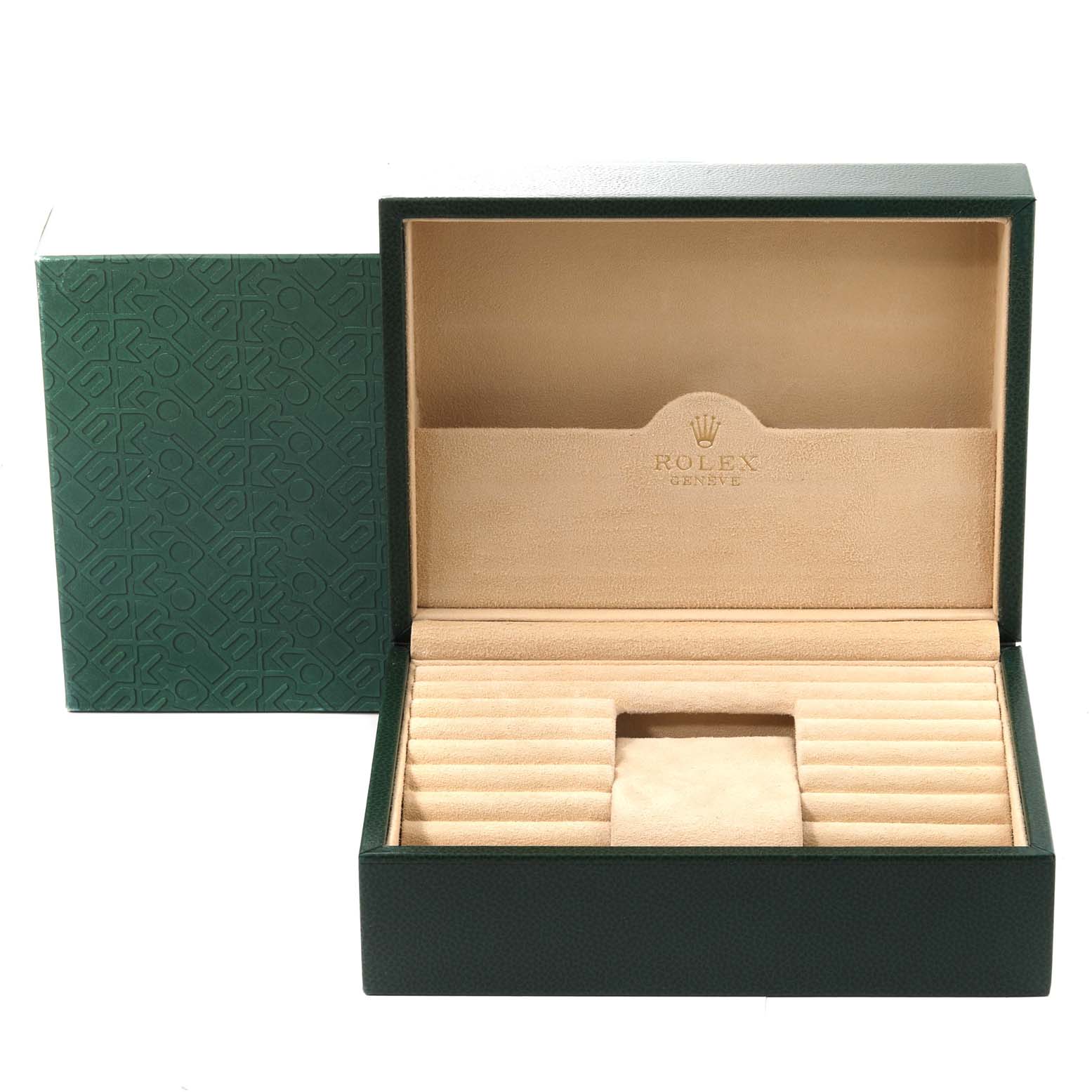 The image shows an open empty Rolex President 18038 Men
s Yellow Gold Champagne Dial 18038 Men
s Yellow Gold Champagne Dial model watch box with green and beige internal compartments.