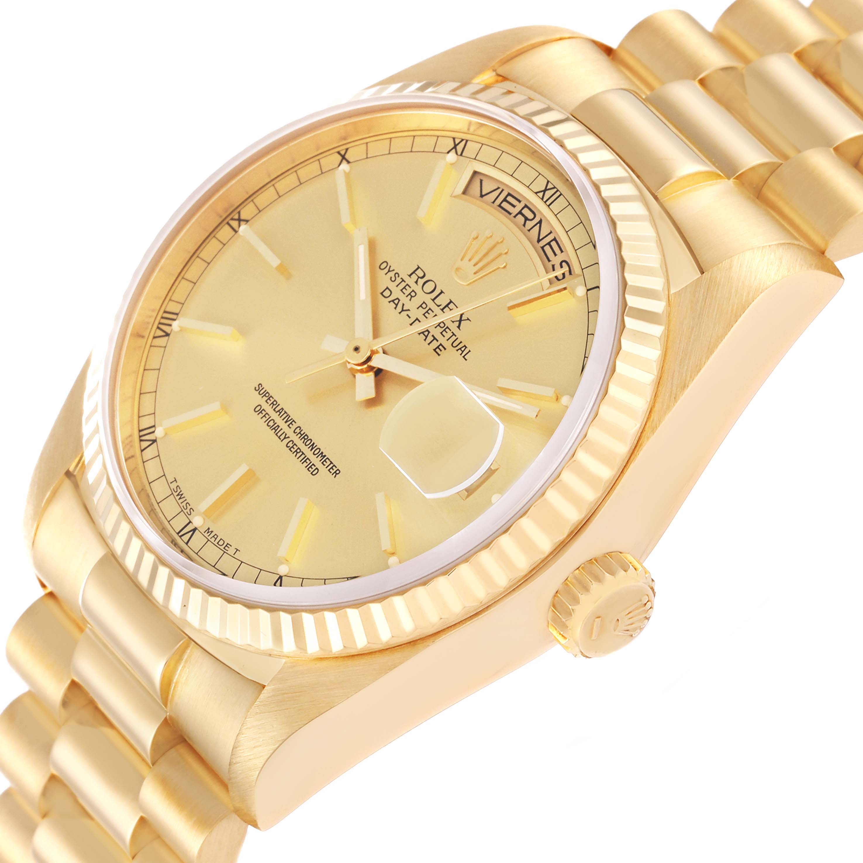The image shows a close-up angled view of the Rolex President 18038 Men
s Yellow Gold Champagne Dial 18038 Men
s Yellow Gold Champagne Dial model watch dial, bezel, crown, and bracelet.