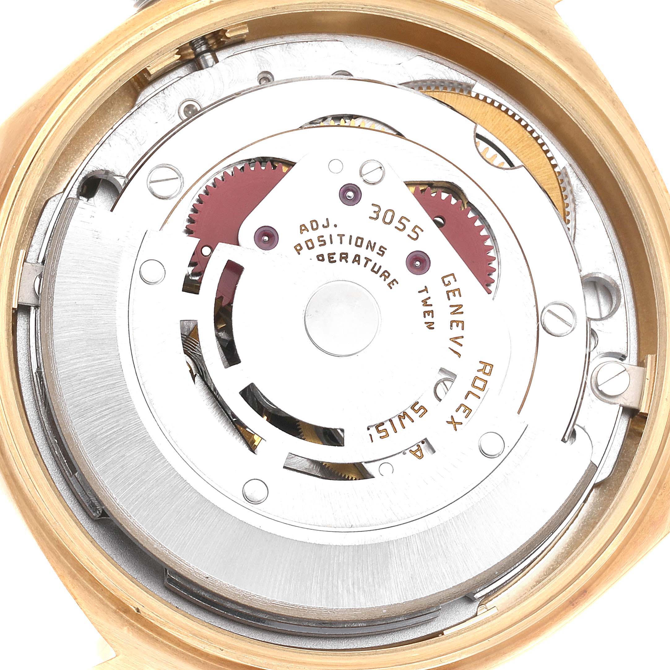 This image shows the internal mechanism and parts of the Rolex President 18038 Men
s Yellow Gold Champagne Dial 18038 Men
s Yellow Gold Champagne Dial model watch viewed from the back.