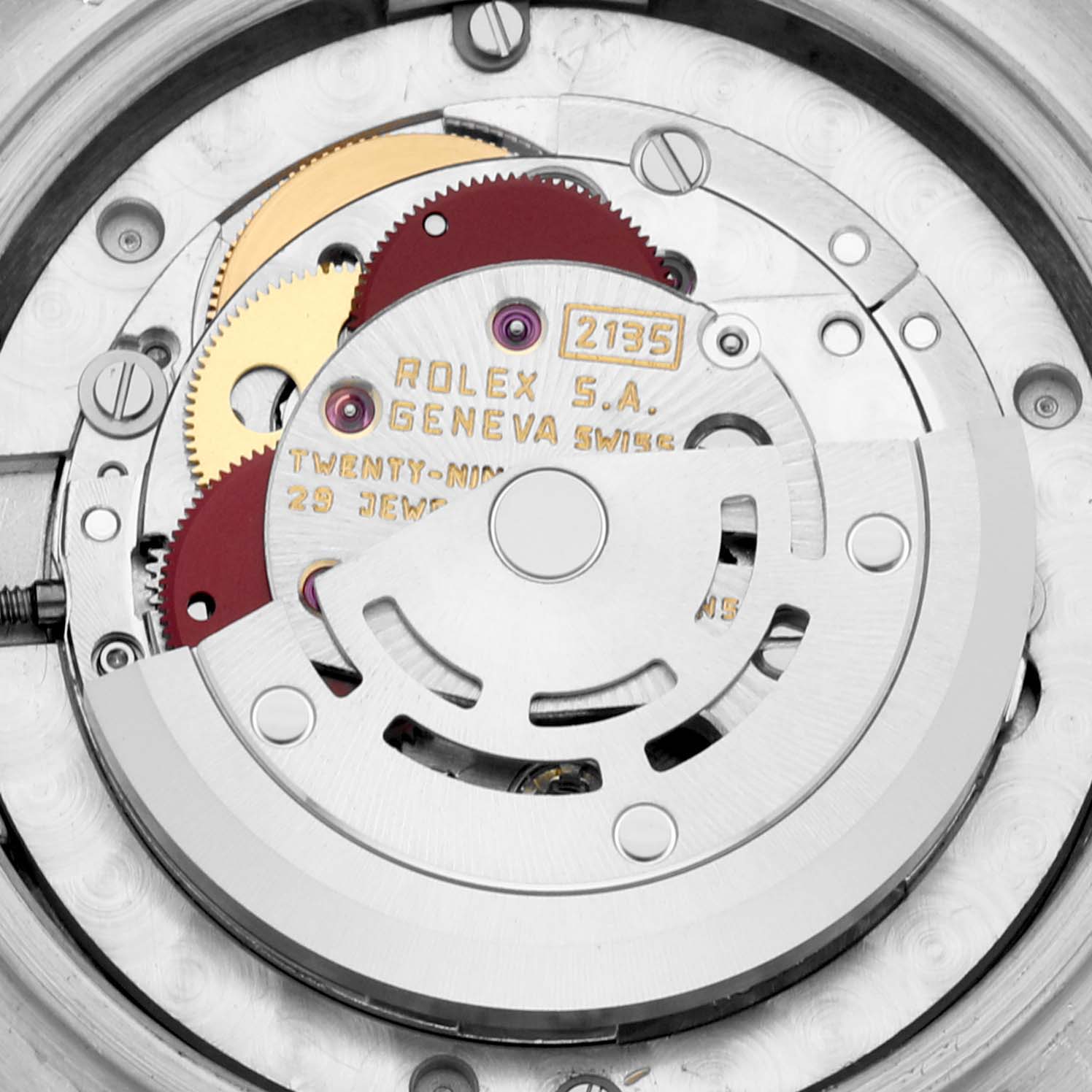 This image shows a close-up view of the movement mechanism inside a Rolex President 68279 Women's White Gold Black Dial 68279 Women's White Gold Black Dial model watch.