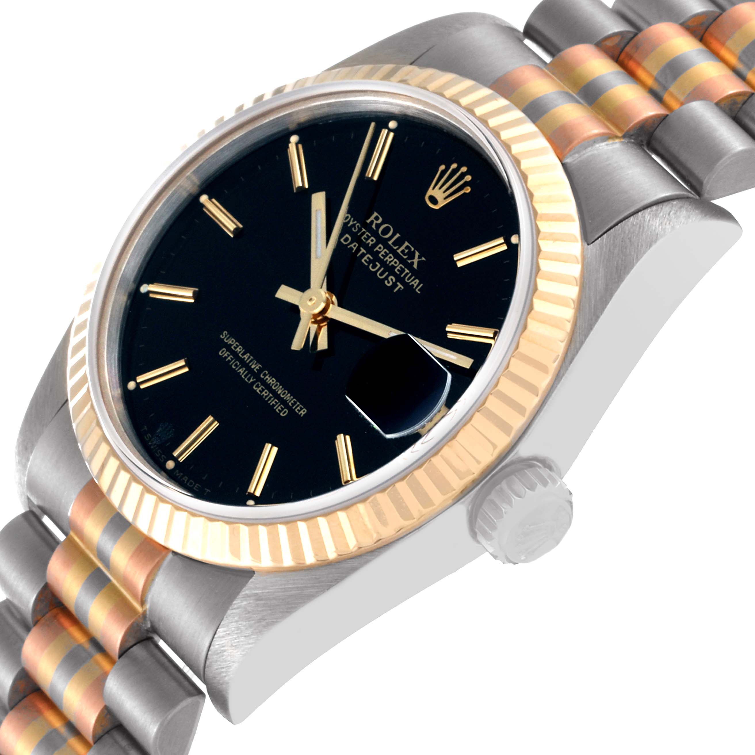 This image shows a Rolex President 68279 Women's White Gold Black Dial 68279 Women's White Gold Black Dial model watch at a slight side angle, highlighting the face, bezel, crown, and part of the bracelet.