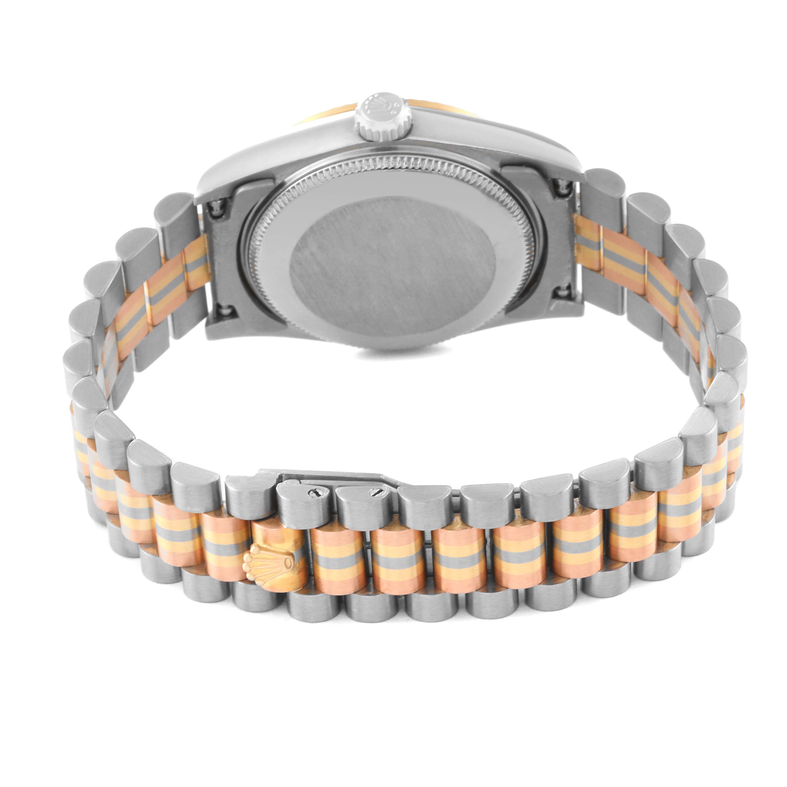 The image shows the back and bracelet of a Rolex President 68279 Women's White Gold Black Dial 68279 Women's White Gold Black Dial model watch, highlighting the clasp and caseback.