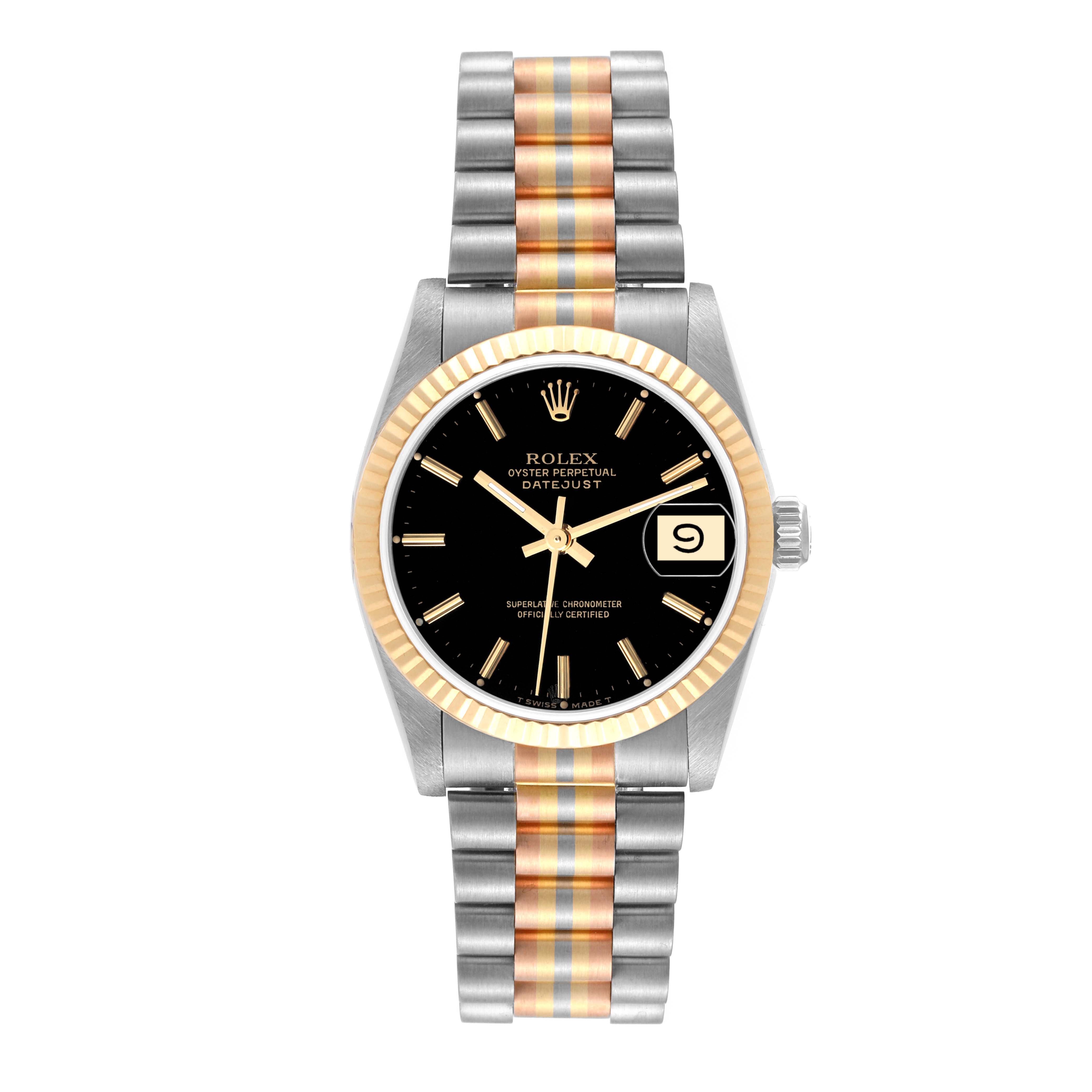 The Rolex President 68279 Women's White Gold Black Dial 68279 Women's White Gold Black Dial model watch is shown from a top-down angle, displaying its face, bezel, and two-tone bracelet.