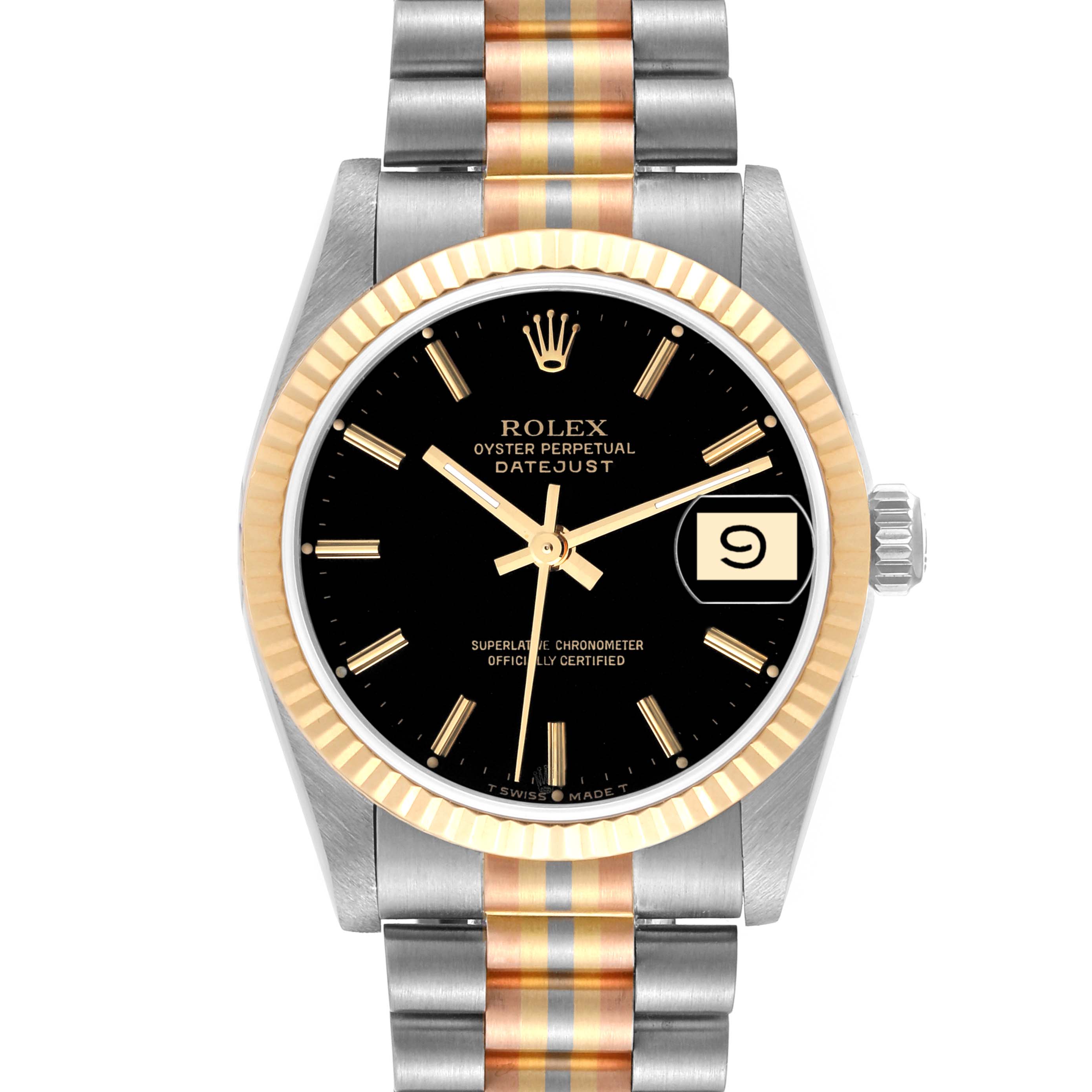 The image shows a front view of a Rolex President 68279 Women's White Gold Black Dial 68279 Women's White Gold Black Dial model watch, featuring the dial, bezel, and part of the two-tone bracelet.