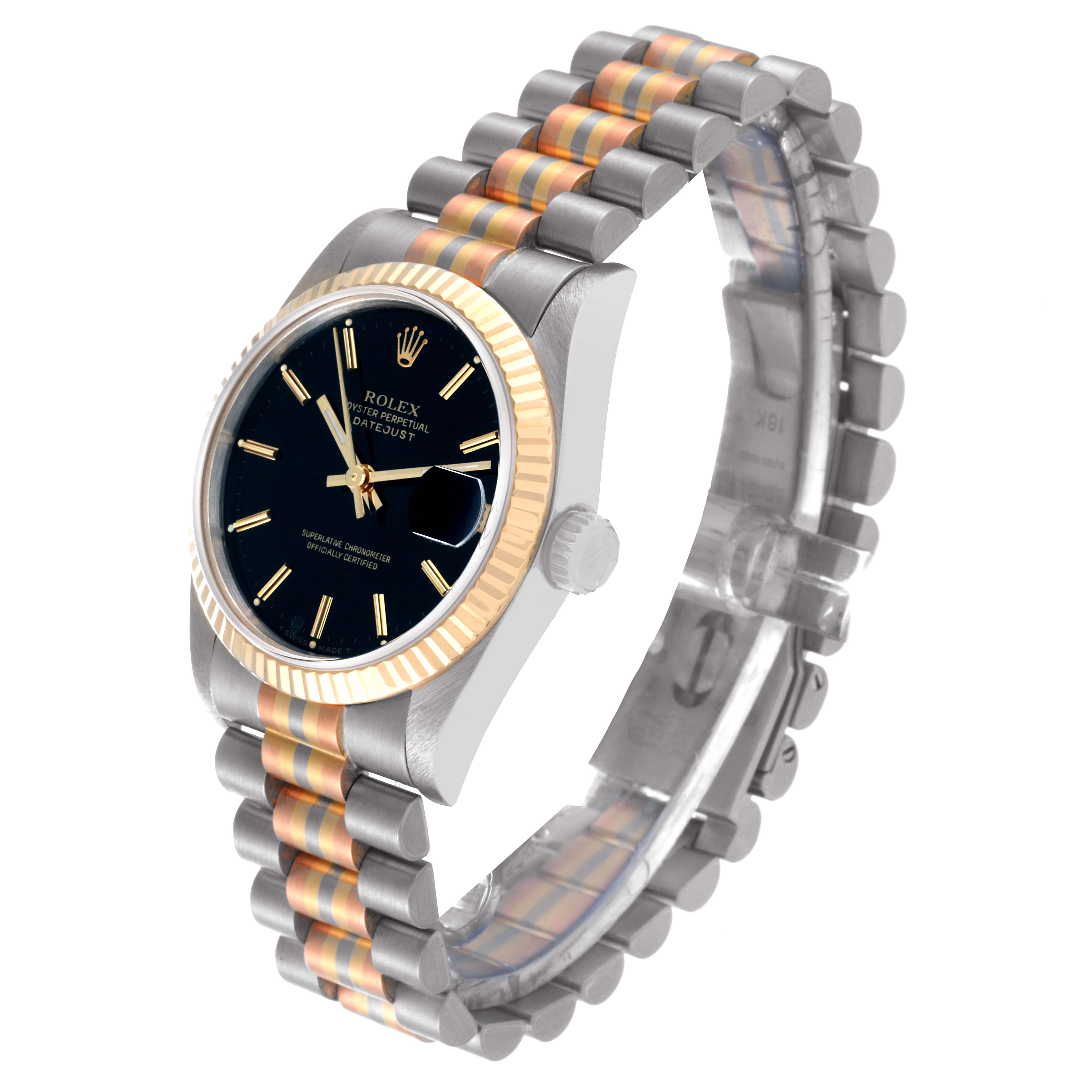 The image shows a side view of a Rolex President 68279 Women's White Gold Black Dial 68279 Women's White Gold Black Dial model watch, highlighting its two-tone bracelet and black dial.