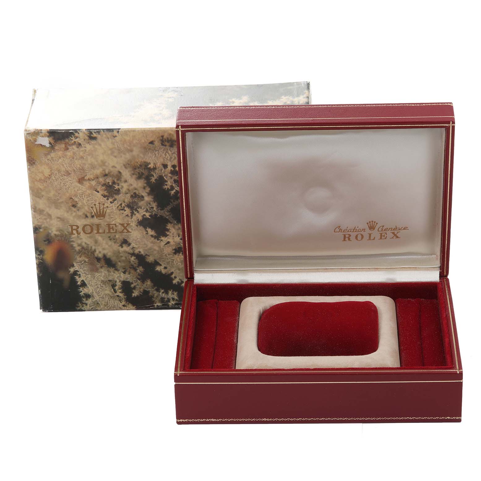 The image shows an open Rolex President 68279 Women's White Gold Black Dial 68279 Women's White Gold Black Dial model watch box and its outer packaging.