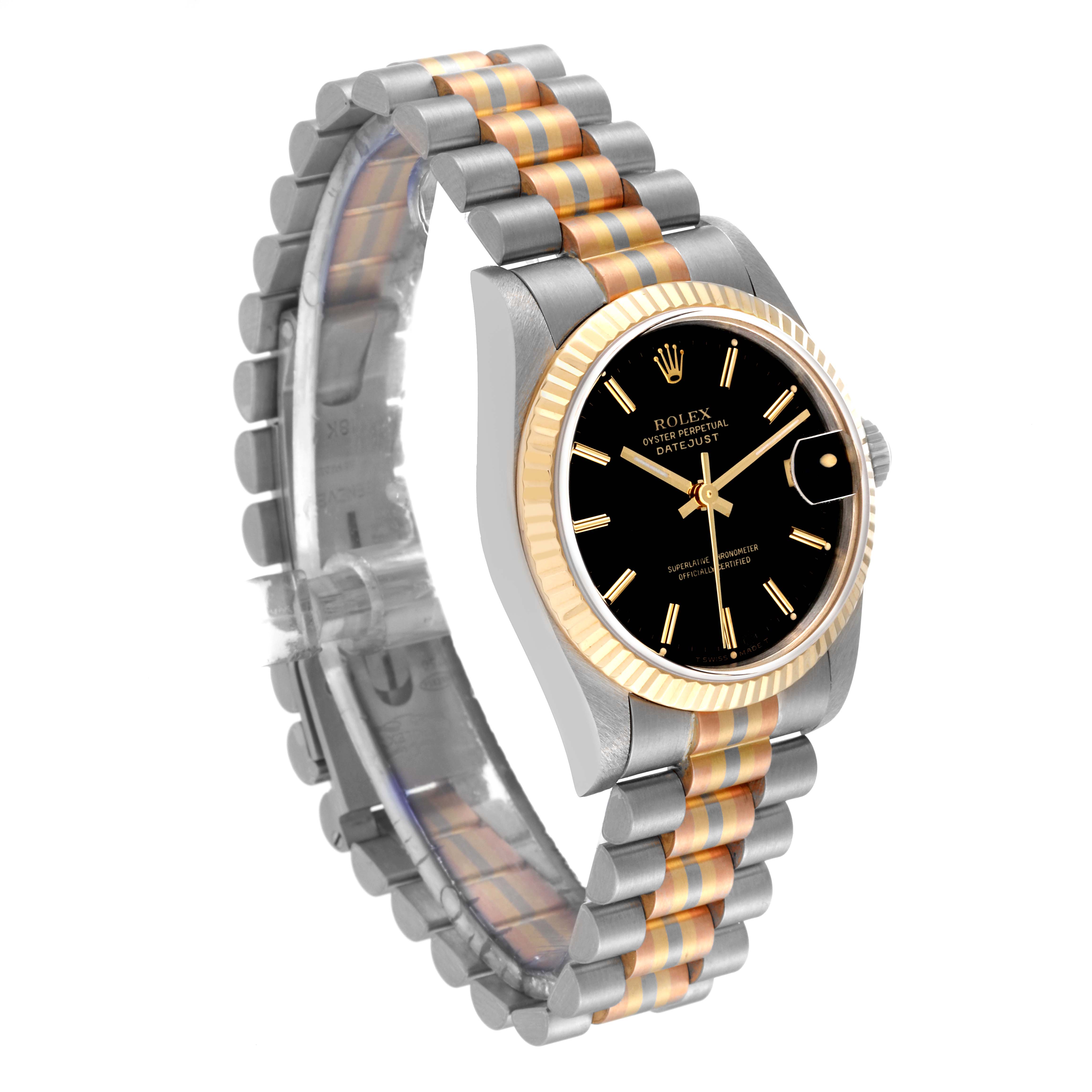 This image shows a Rolex President 68279 Women's White Gold Black Dial 68279 Women's White Gold Black Dial model watch from a front-side angle, highlighting its bracelet, black dial, and fluted bezel.