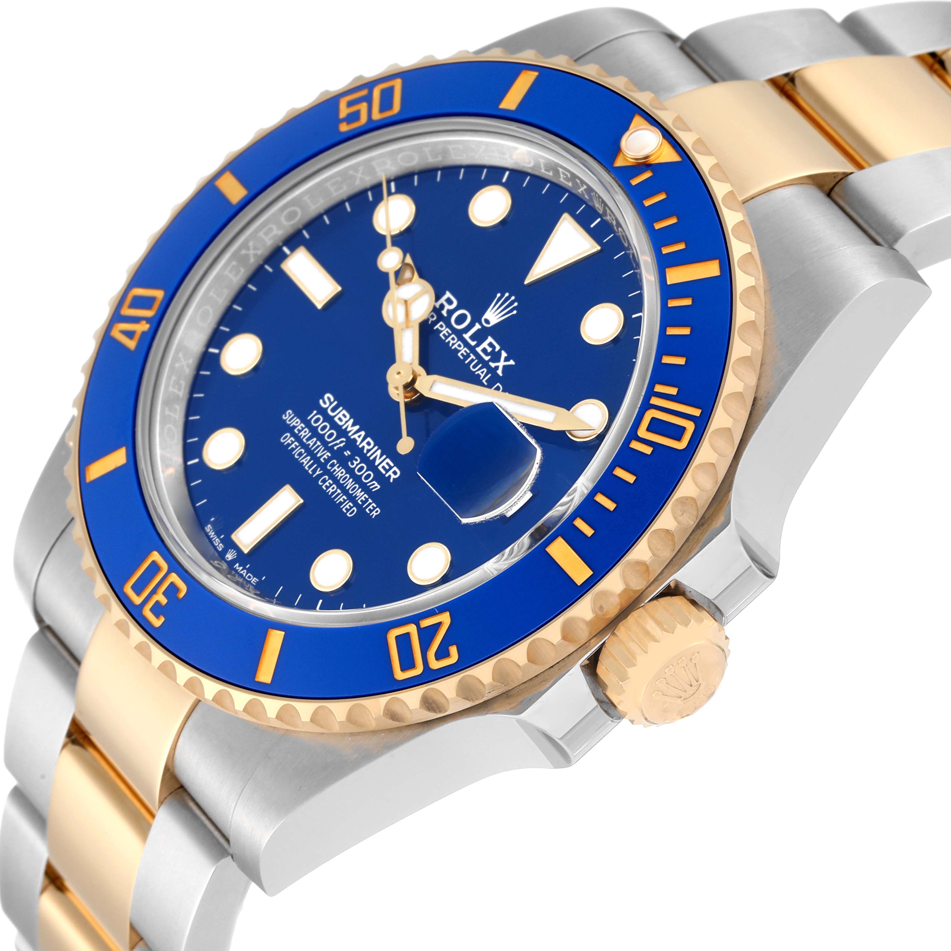 The image displays a close-up angled view of the Rolex Submariner 126613LB Men's Steel and Gold (two tone) Blue Dial 126613LB Men's Steel and Gold (two tone) Blue Dial watch showing its blue dial, bezel, crown, and part of the bracelet.