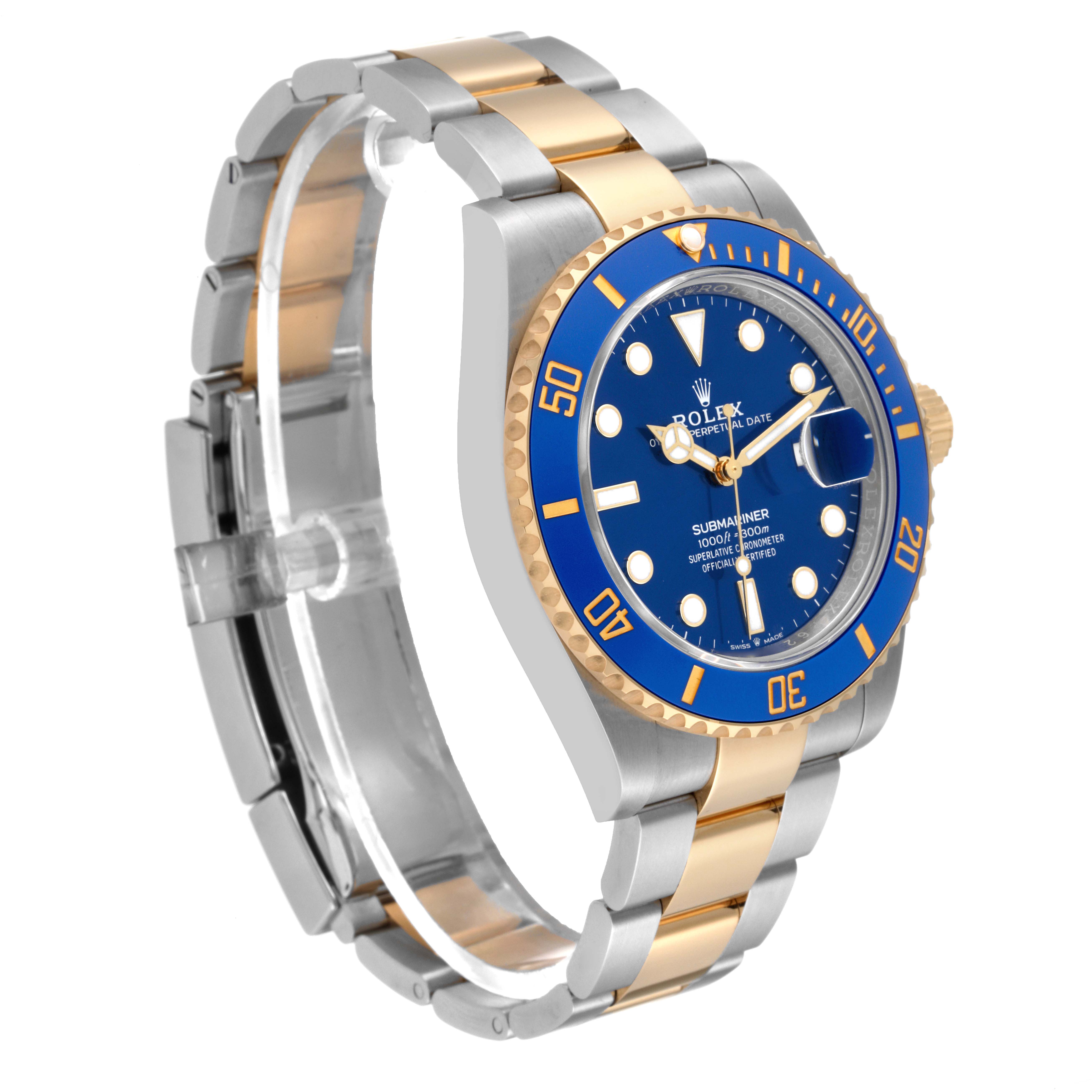 The image shows a side angle view of a Rolex Submariner 126613LB Men's Steel and Gold (two tone) Blue Dial 126613LB Men's Steel and Gold (two tone) Blue Dial watch with a blue dial and two-tone bracelet.