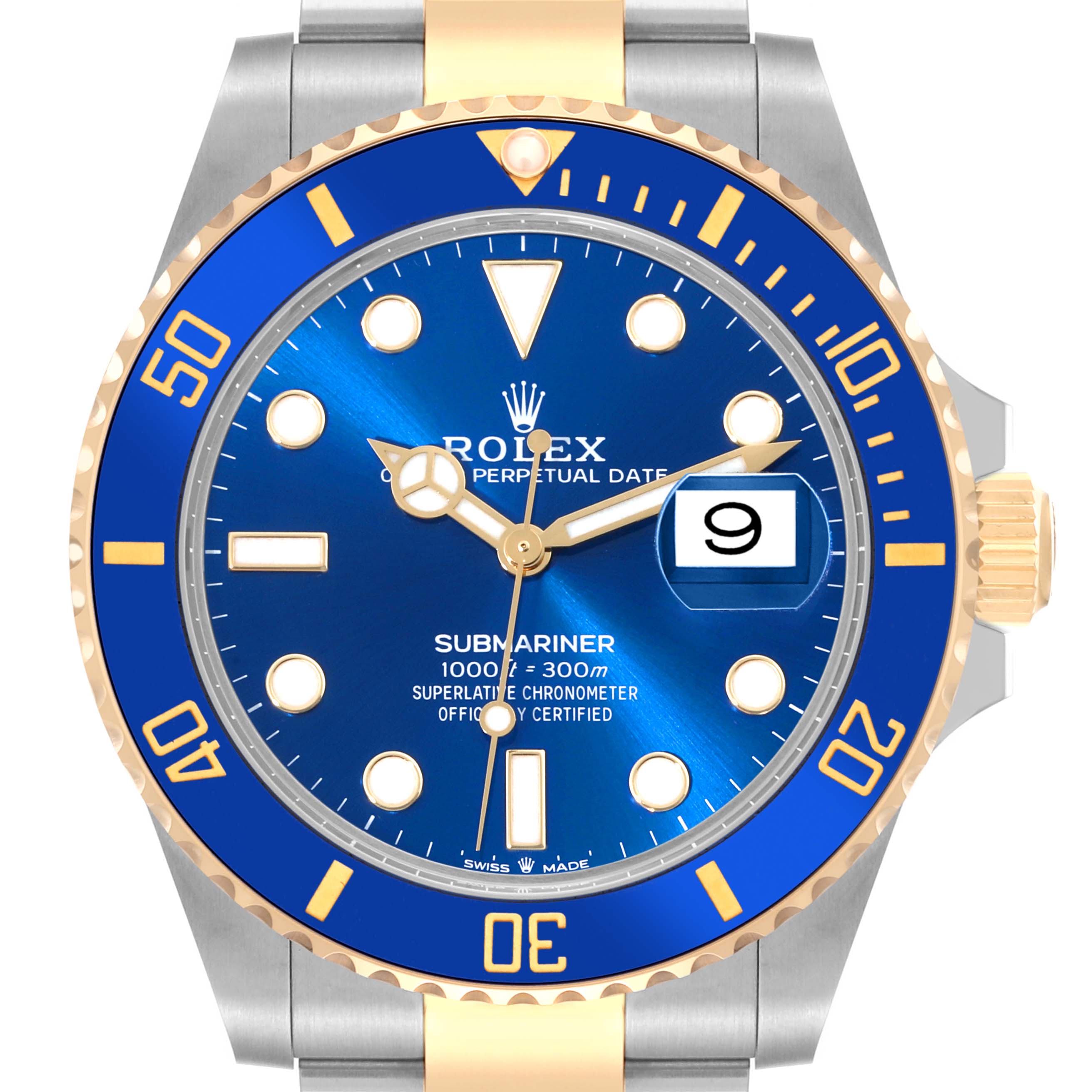 The image shows a front-facing view of a Rolex Submariner 126613LB Men's Steel and Gold (two tone) Blue Dial 126613LB Men's Steel and Gold (two tone) Blue Dial watch with a blue dial and a date window at 3 o'clock.