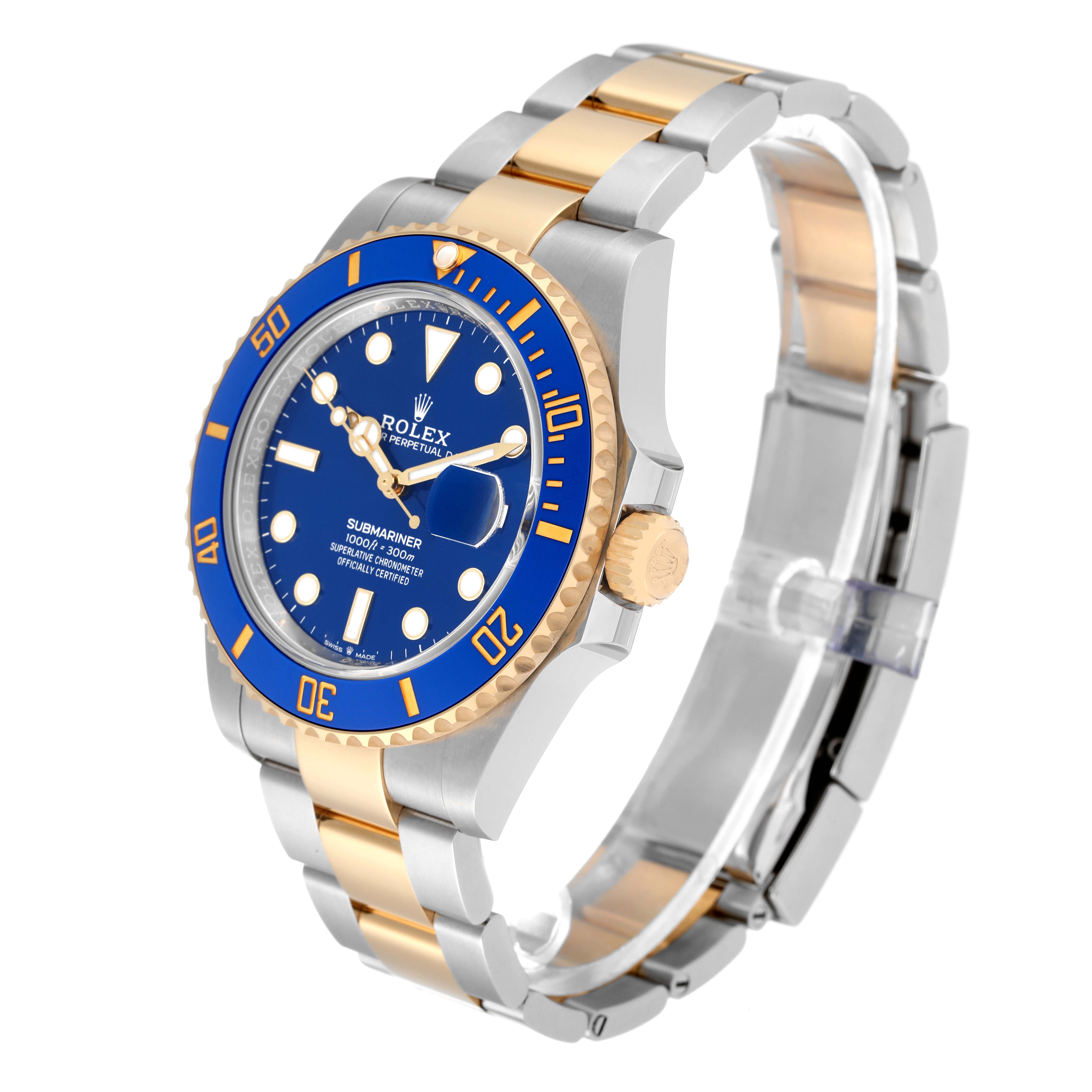 The image shows a Rolex Submariner 126613LB Men's Steel and Gold (two tone) Blue Dial 126613LB Men's Steel and Gold (two tone) Blue Dial watch at an angled side view, highlighting its blue dial, bezel, and two-tone metal bracelet.