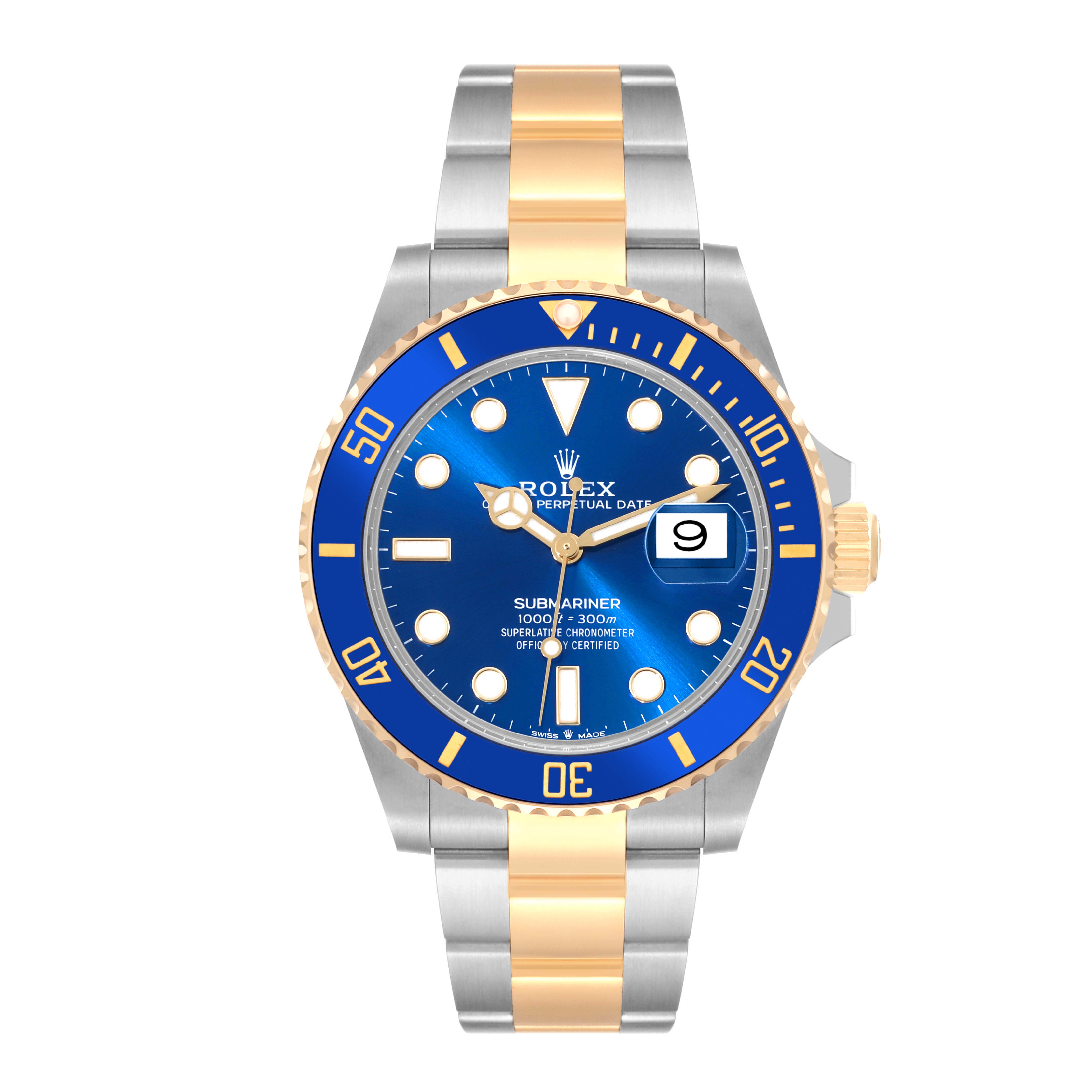This is a straight-on view of a Rolex Submariner 126613LB Men's Steel and Gold (two tone) Blue Dial 126613LB Men's Steel and Gold (two tone) Blue Dial watch, showcasing its blue dial, gold bezel, and two-tone metal strap.