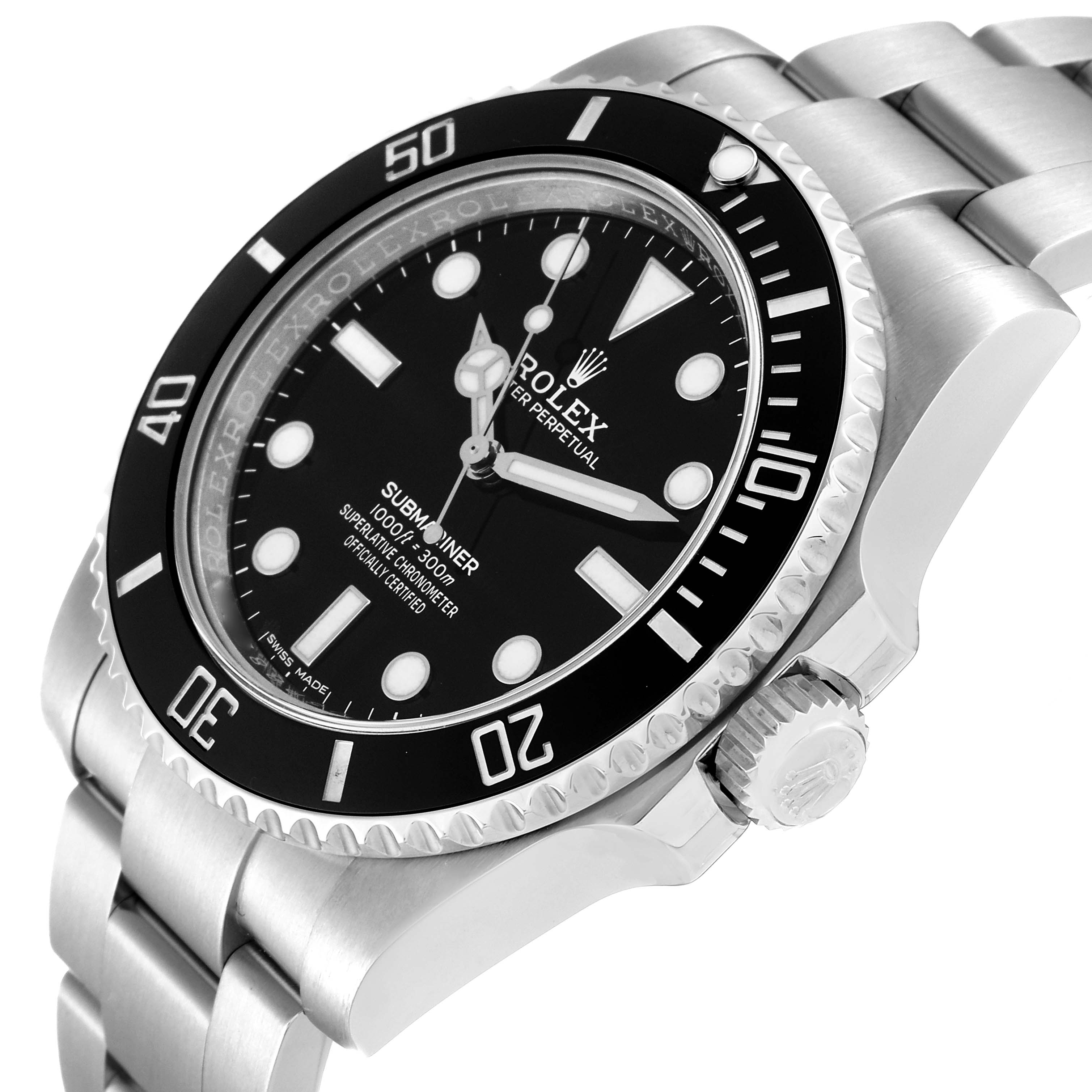 The image showcases a Rolex Submariner 114060 Men
s Stainless Steel Black Dial 114060 Men
s Stainless Steel Black Dial watch at a three-quarter angle displaying the dial, bezel, crown, and part of the bracelet.