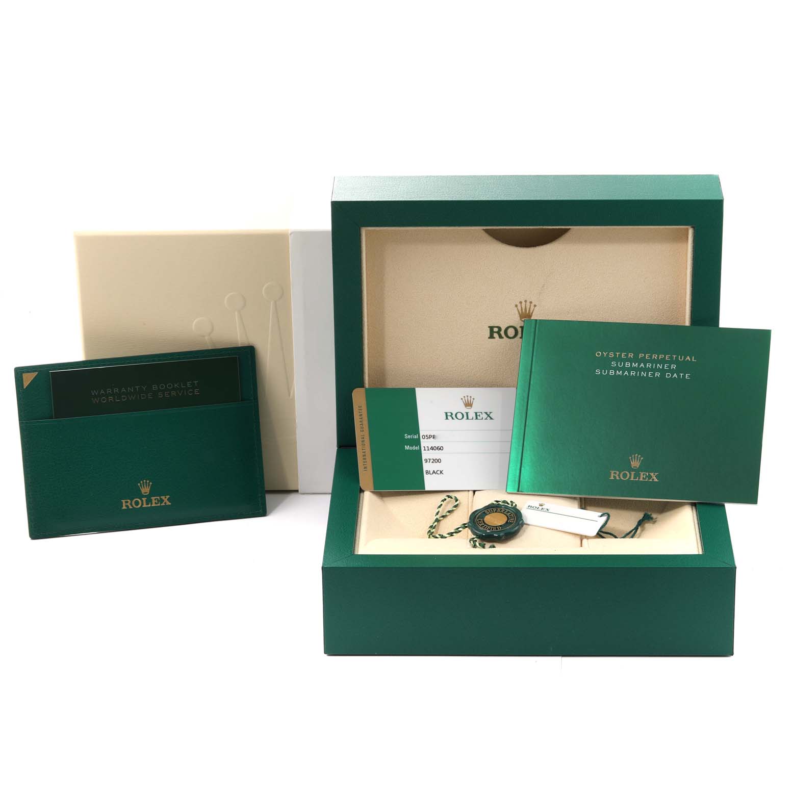 The image shows the packaging, warranty booklets, and tags for a Rolex Submariner 114060 Men
s Stainless Steel Black Dial 114060 Men
s Stainless Steel Black Dial model, including the box and manuals.