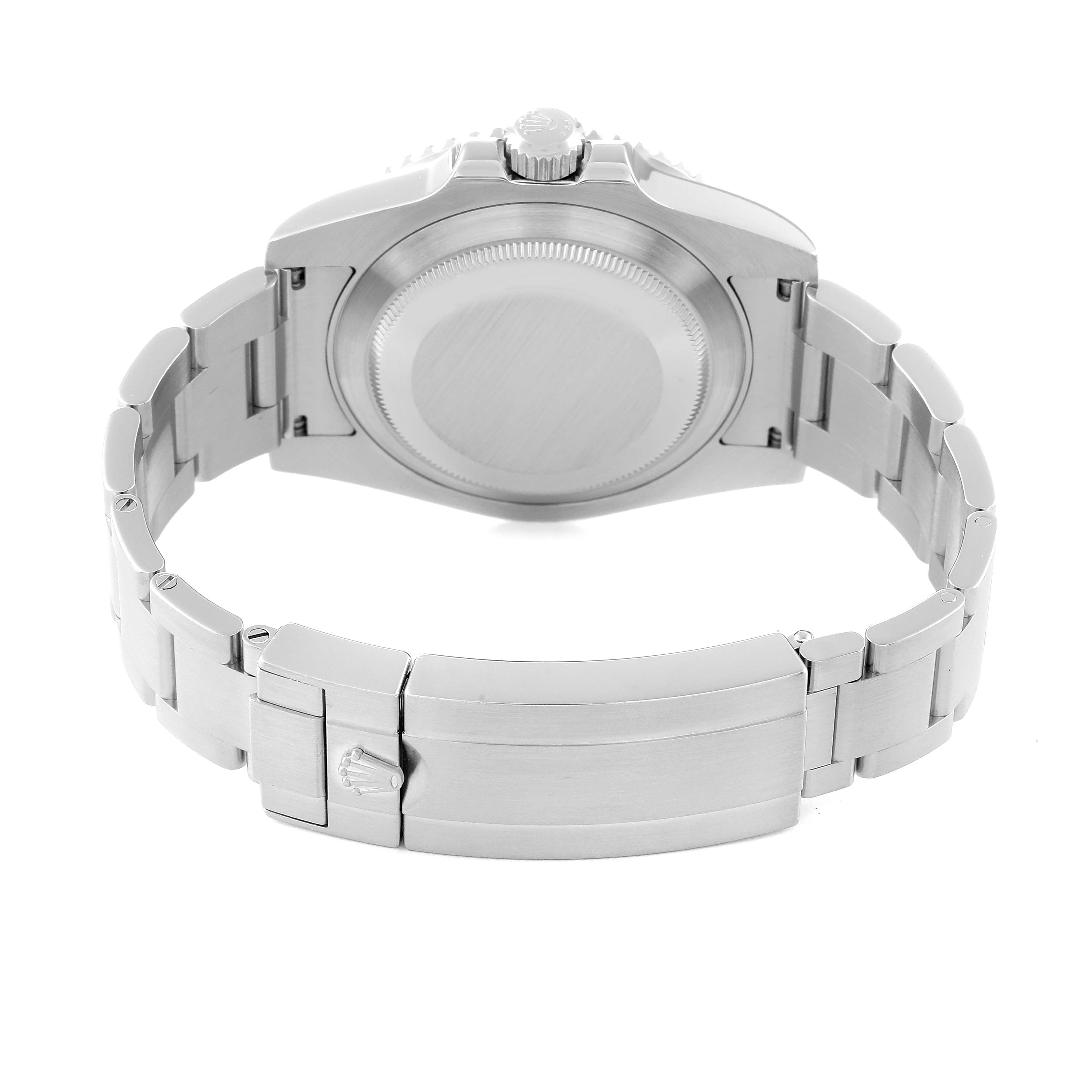 This image shows the back view of a Rolex Submariner 114060 Men
s Stainless Steel Black Dial 114060 Men
s Stainless Steel Black Dial watch, highlighting its case back and clasp.