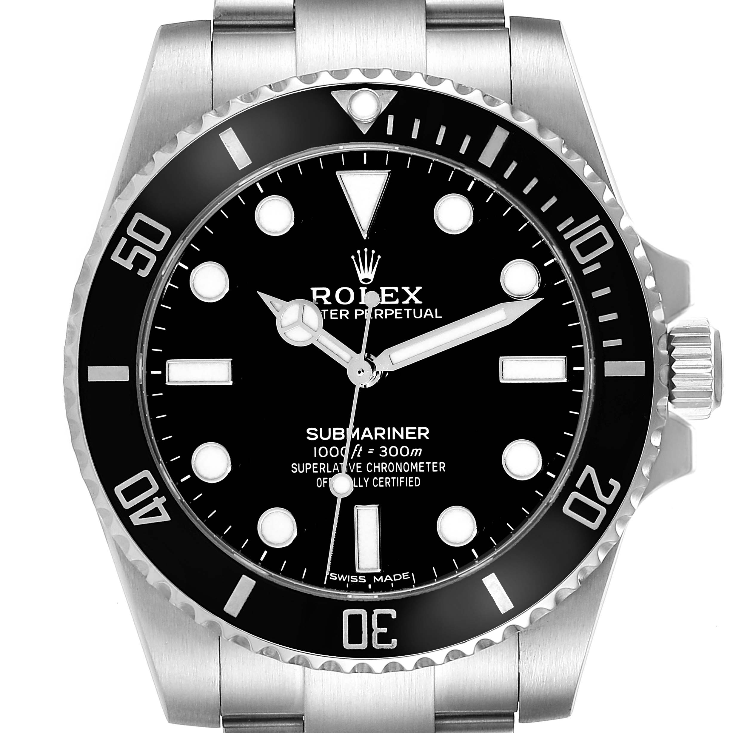 The image shows a frontal view of a Rolex Submariner 114060 Men
s Stainless Steel Black Dial 114060 Men
s Stainless Steel Black Dial watch, displaying its dial, bezel, and crown.