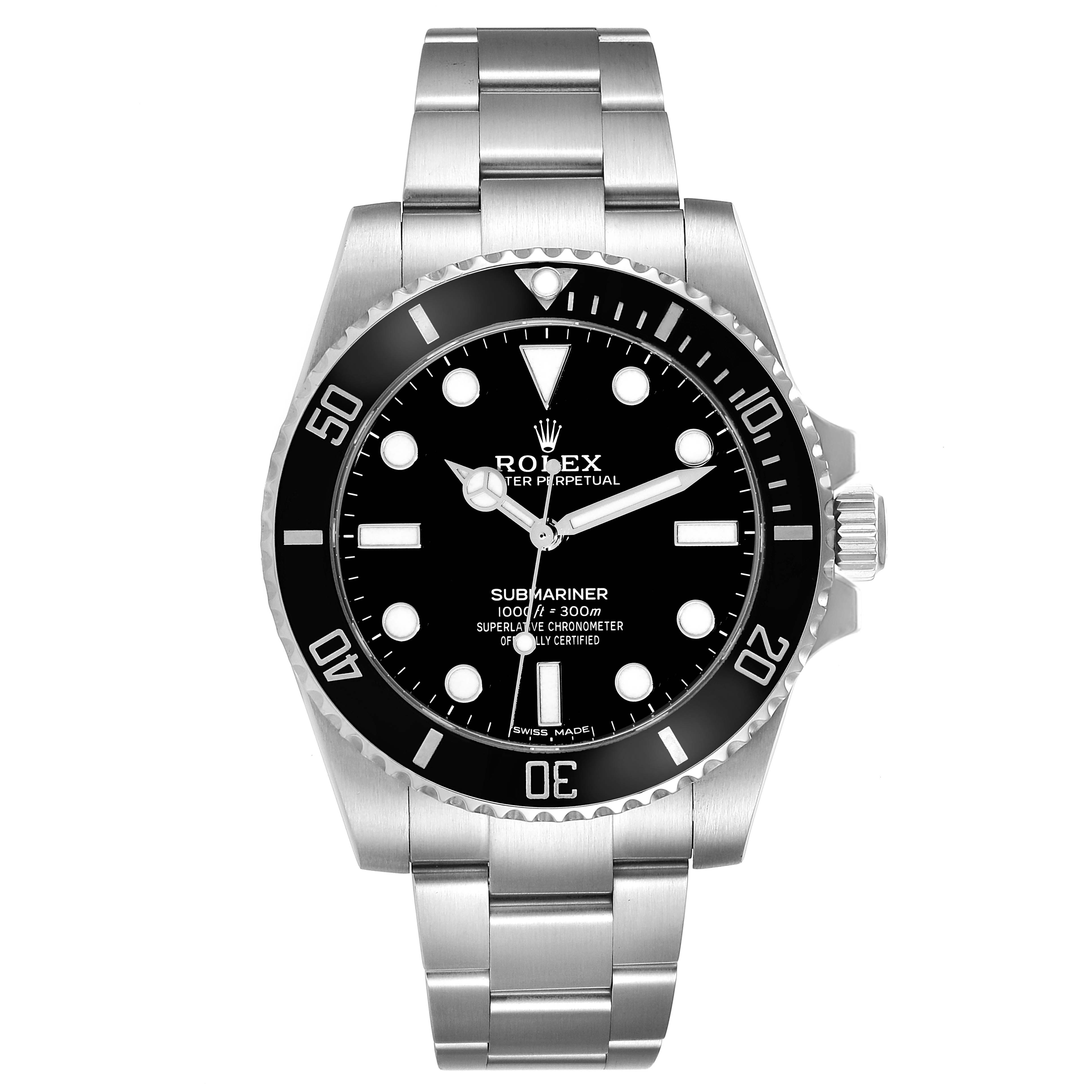 The Rolex Submariner 114060 Men
s Stainless Steel Black Dial 114060 Men
s Stainless Steel Black Dial watch is shown in a front view, displaying its face, bezel, and stainless steel bracelet.