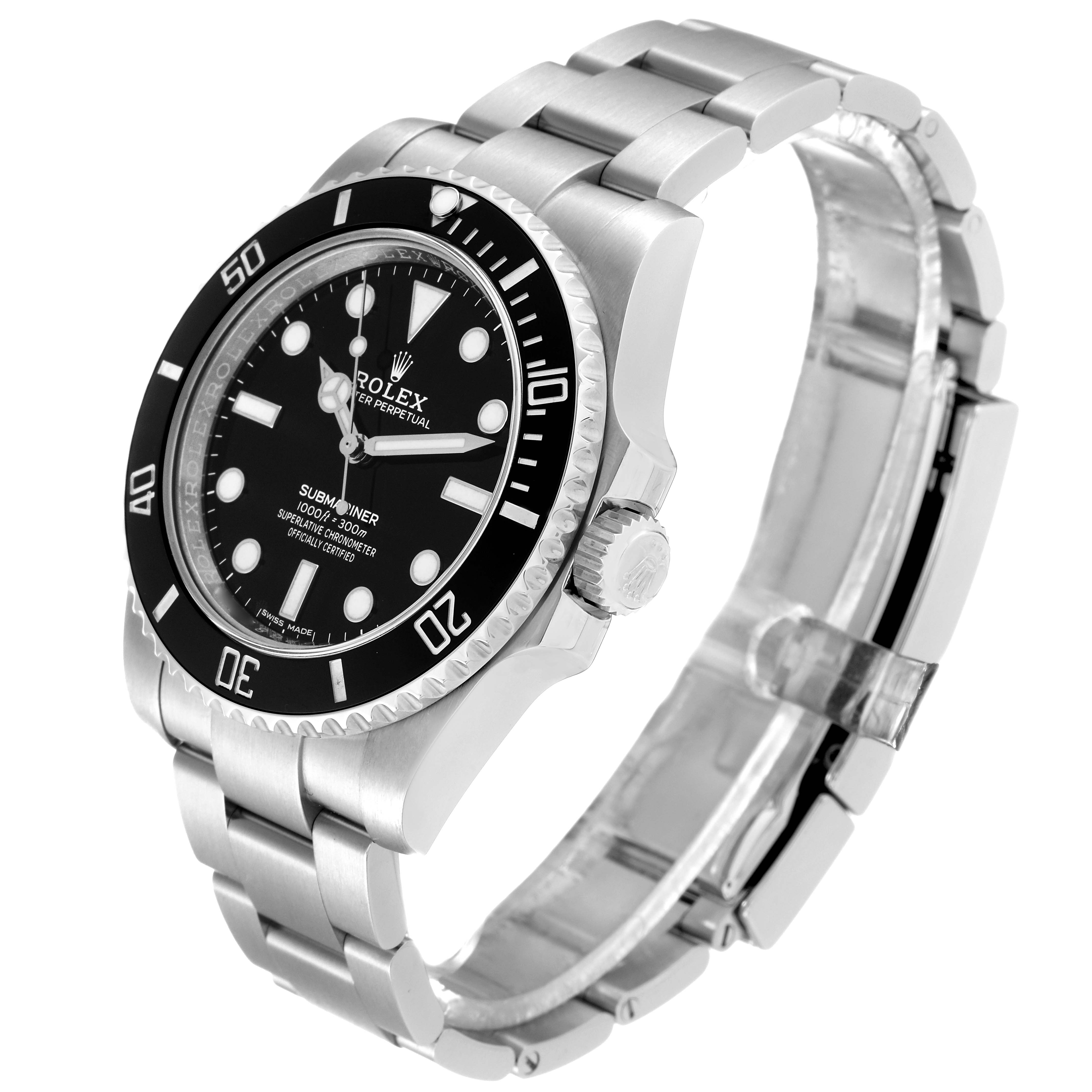 The Rolex Submariner 114060 Men
s Stainless Steel Black Dial 114060 Men
s Stainless Steel Black Dial watch is shown at an angled perspective showcasing the dial, bezel, crown, and a portion of the bracelet.