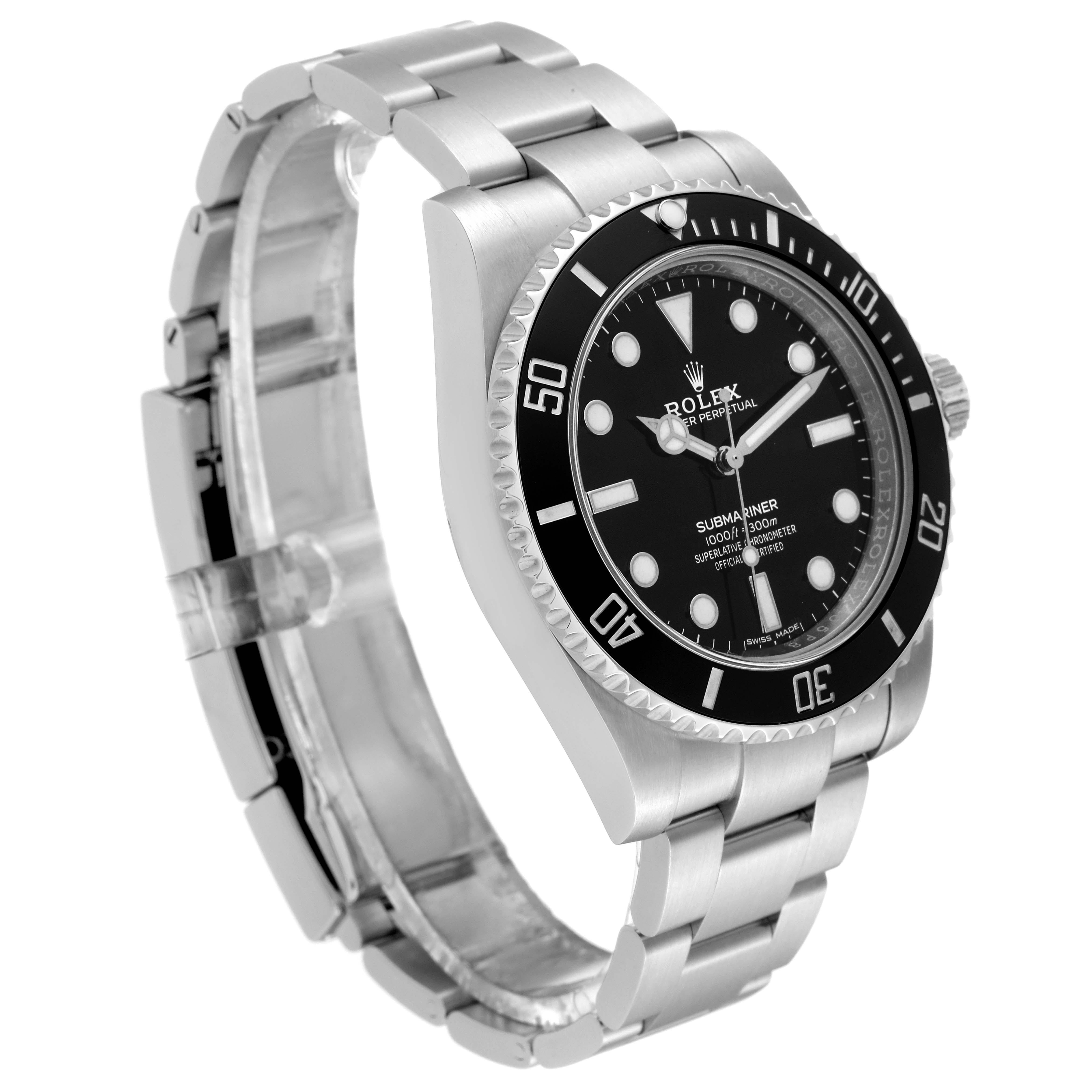 This image shows a Rolex Submariner 114060 Men
s Stainless Steel Black Dial 114060 Men
s Stainless Steel Black Dial watch at a three-quarter angle, highlighting the watch face, bezel, and bracelet.