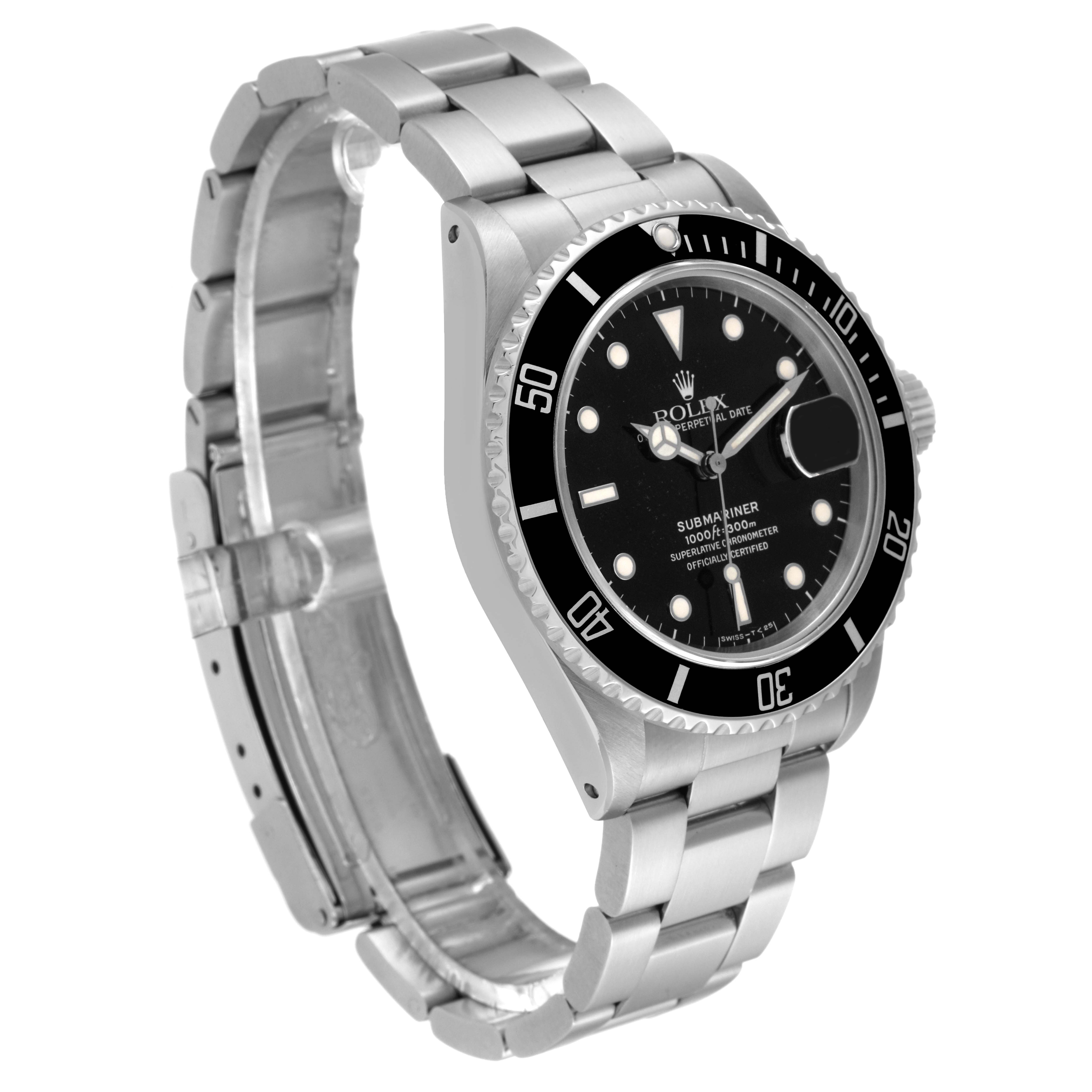 The Rolex Vintage Collection 168000 Men's Stainless Steel Black Dial 168000 Men's Stainless Steel Black Dial watch is shown from a three-quarter angle, highlighting the face, bezel, and metal bracelet.