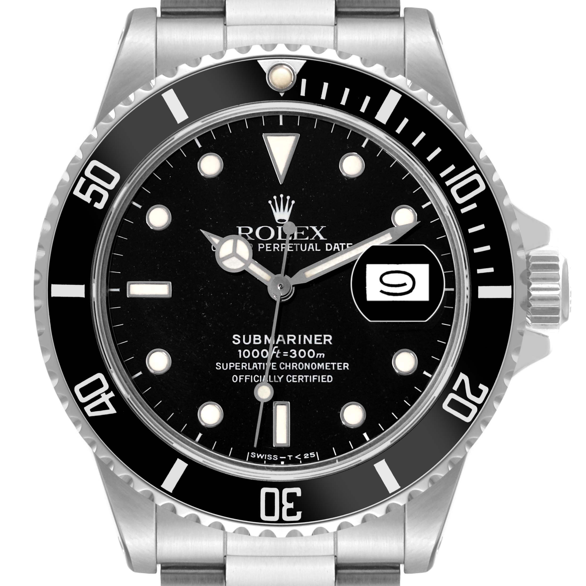 The image shows a front view of the Rolex Vintage Collection 168000 Men's Stainless Steel Black Dial 168000 Men's Stainless Steel Black Dial Submariner, highlighting the dial, bezel, and part of the bracelet.