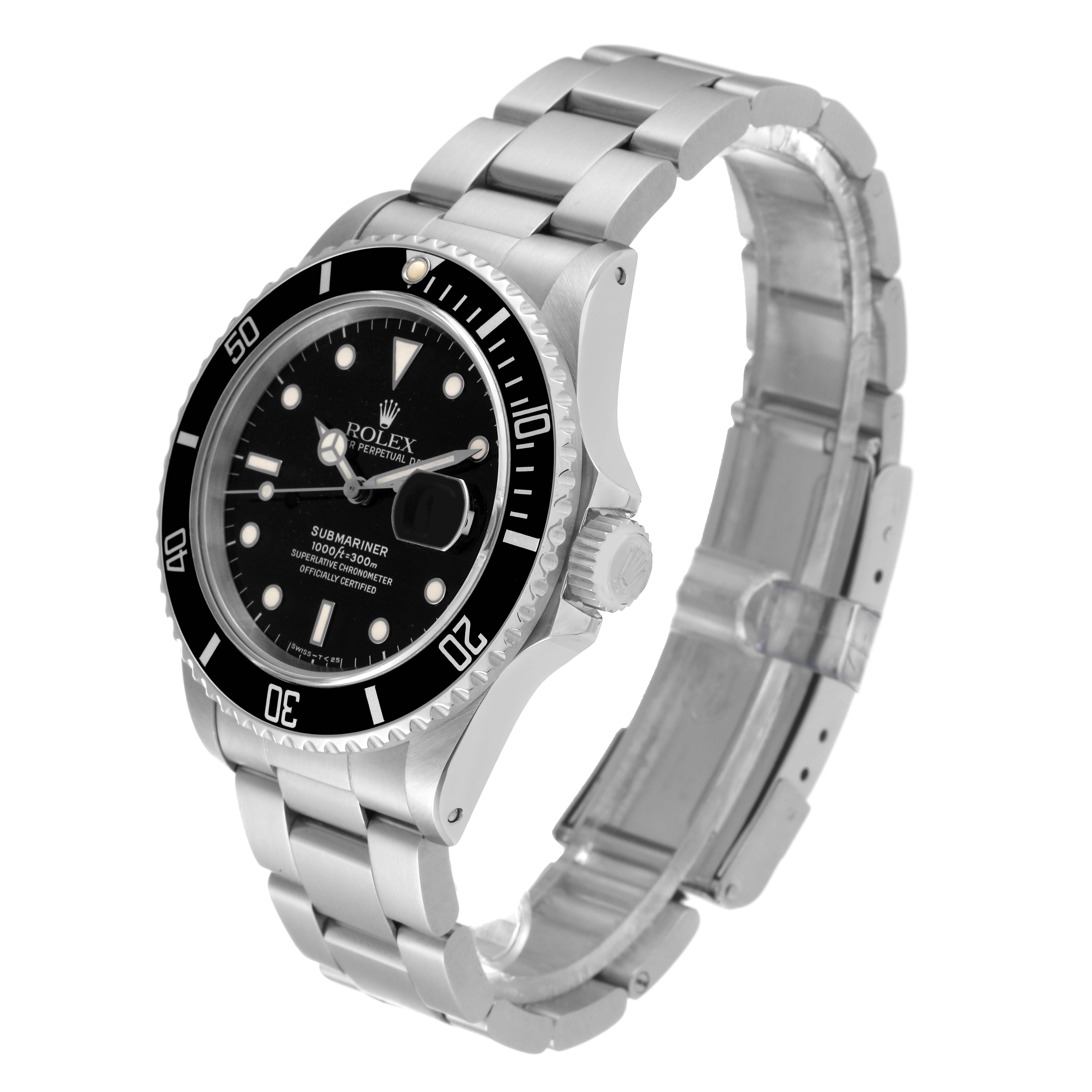 The Rolex Vintage Collection 168000 Men's Stainless Steel Black Dial 168000 Men's Stainless Steel Black Dial watch is shown at an angle highlighting its face, bezel, crown, and bracelet.