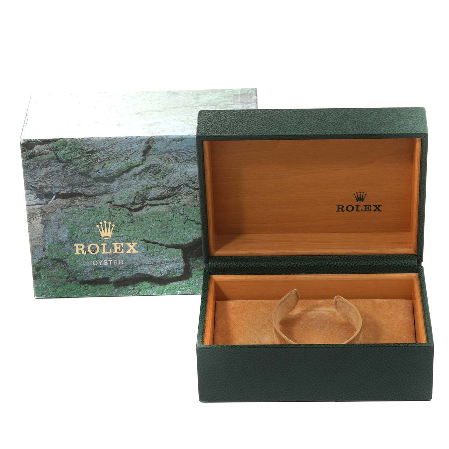 The image shows an open Rolex Vintage Collection 168000 Men's Stainless Steel Black Dial 168000 Men's Stainless Steel Black Dial watch box and outer packaging at a front-facing angle.