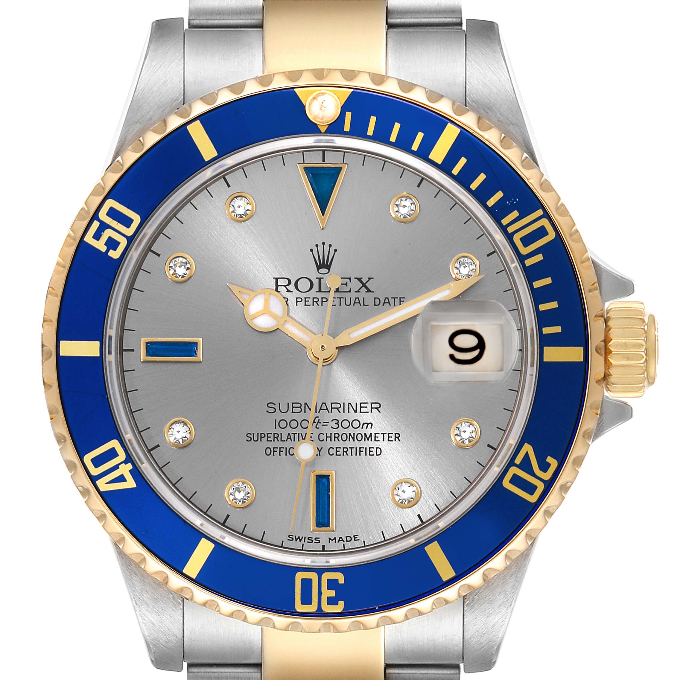 The Rolex Submariner 16613 Men
s Steel and Gold (two tone) Grey Dial 16613 Men
s Steel and Gold (two tone) Grey Dial watch is shown from a top-down angle, highlighting its face, bezel, crown, and part of the bracelet.