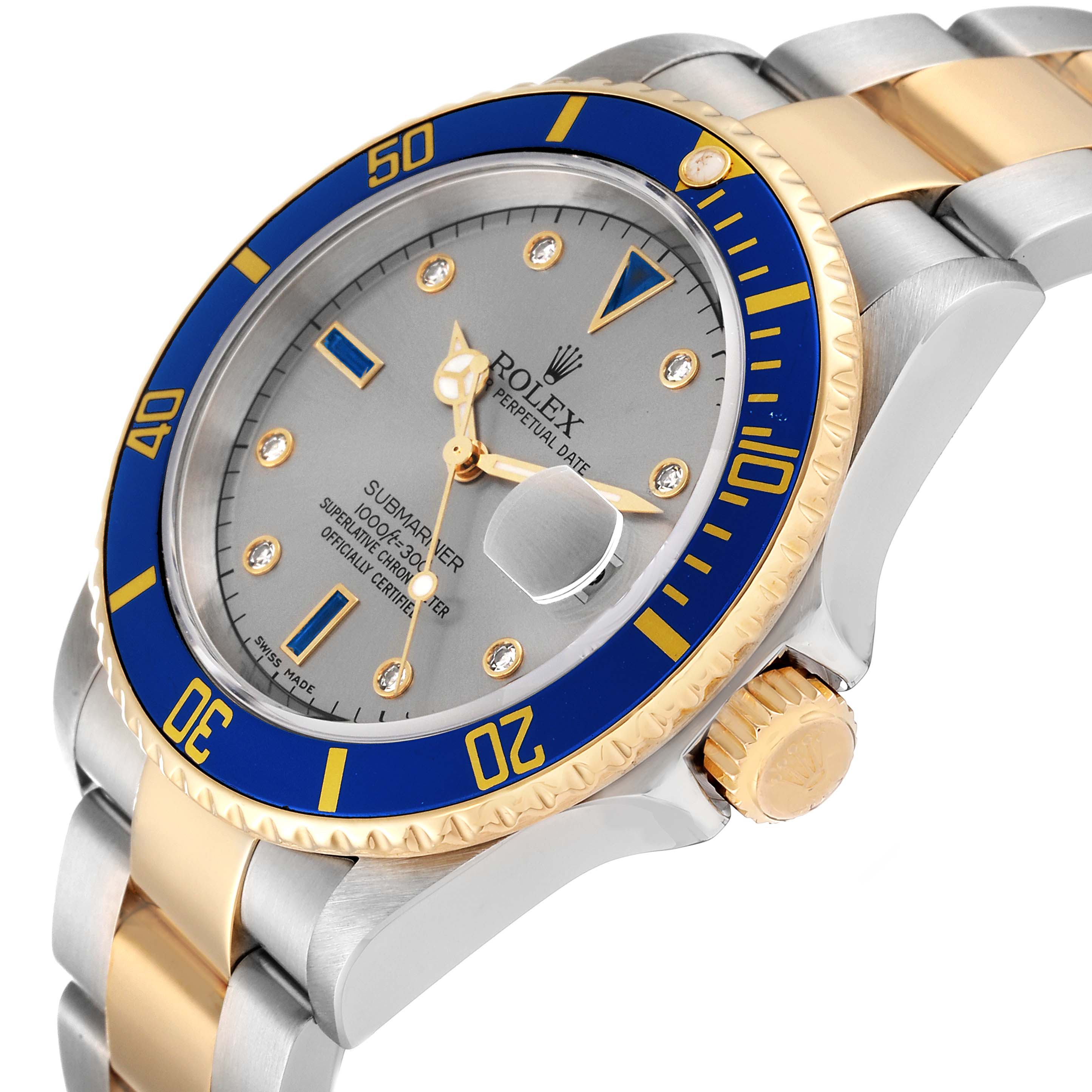 The Rolex Submariner 16613 Men
s Steel and Gold (two tone) Grey Dial 16613 Men
s Steel and Gold (two tone) Grey Dial watch is shown at an angle displaying the face, bezel, crown, and part of the bracelet.