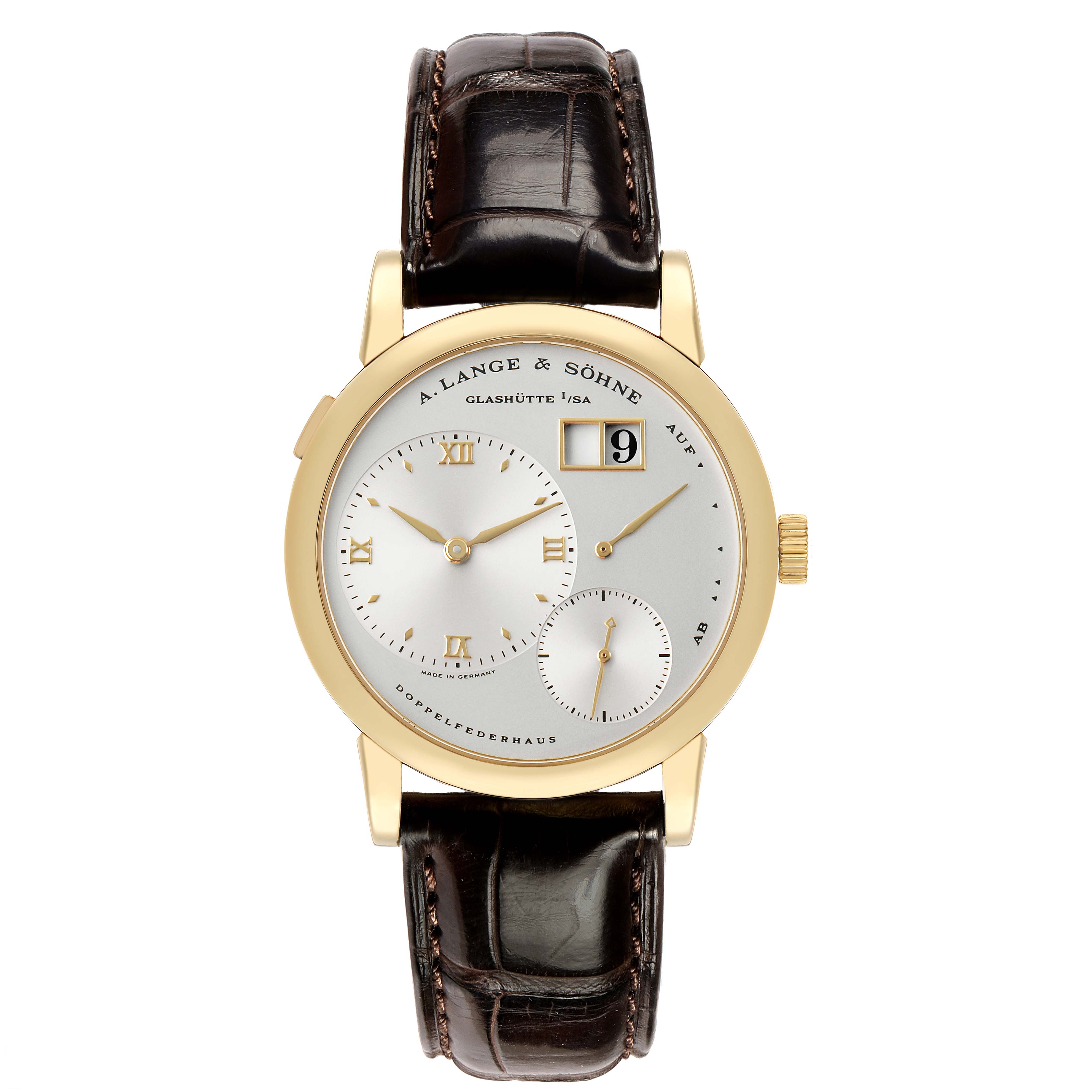 The A. Lange & Sohne Lange 1 101.021 Men's Yellow Gold Silver Dial watch is shown from a top view, displaying its dial, hands, strap, and case.
