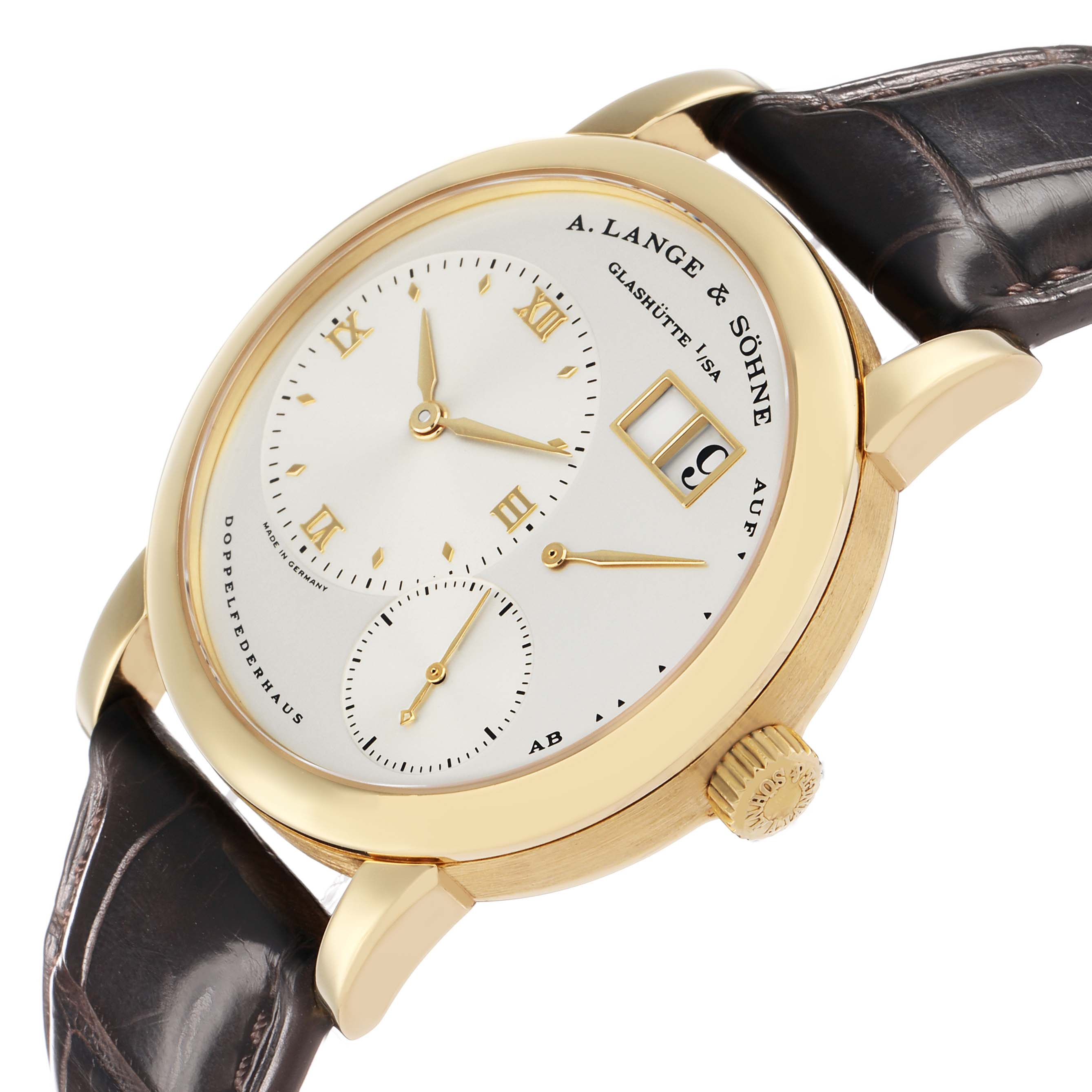 The A. Lange & Sohne Lange 1 101.021 Men's Yellow Gold Silver Dial is shown at a slight angle highlighting the dial, crown, and leather strap attachment points.