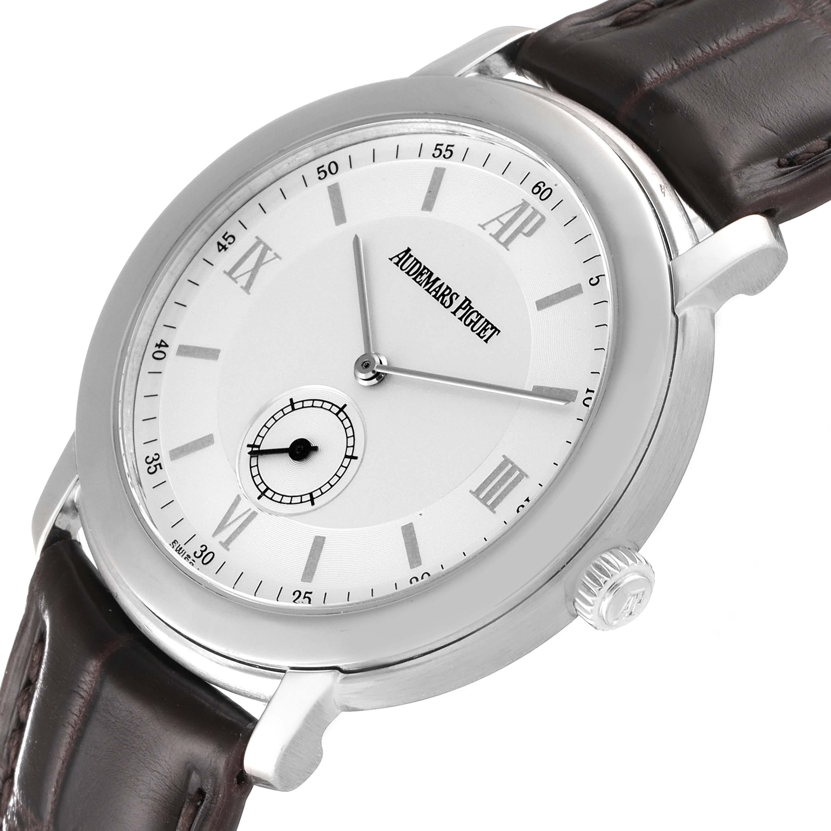 The image shows a close-up, angled view of the Audemars Piguet Jules 15056BC.OO.0001CR.01 Men's White Gold Silver Dial 15056BC.OO.0001CR.01 Men's White Gold Silver Dial watch, highlighting the face and the leather strap.