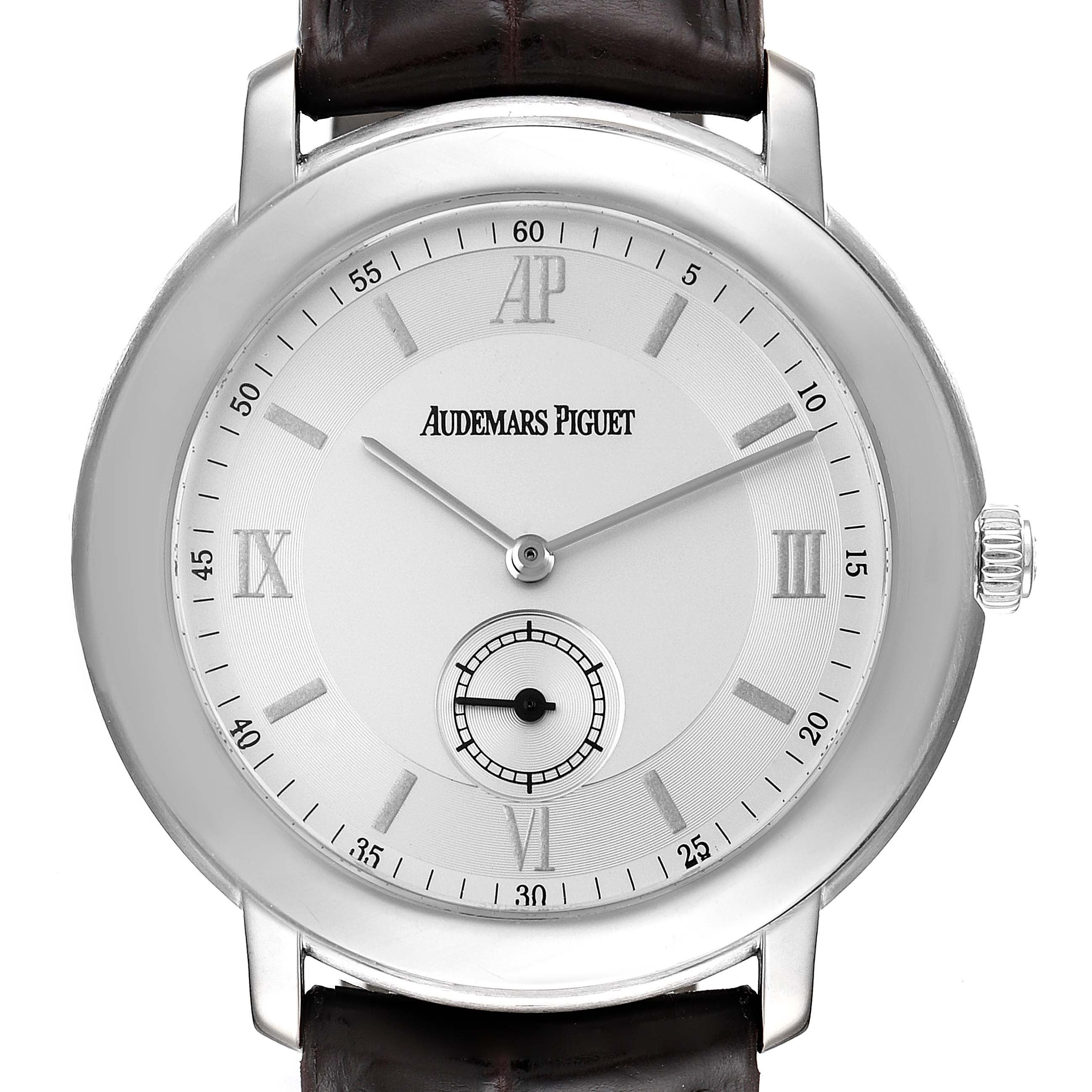 This image shows a front view of the Audemars Piguet Jules 15056BC.OO.0001CR.01 Men's White Gold Silver Dial 15056BC.OO.0001CR.01 Men's White Gold Silver Dial model watch, displaying the dial, hands, and crown.