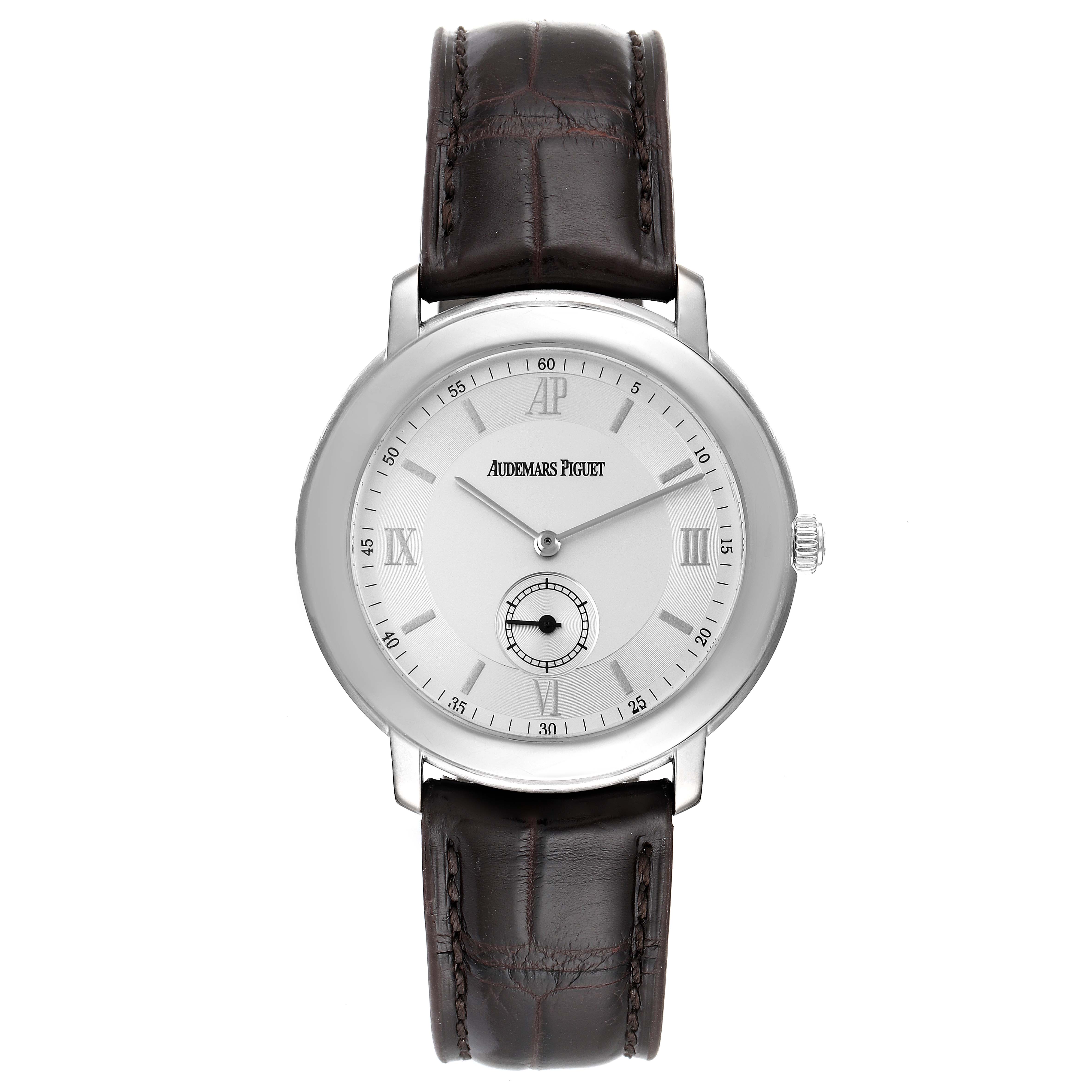 The image shows a front view of the Audemars Piguet Jules 15056BC.OO.0001CR.01 Men's White Gold Silver Dial 15056BC.OO.0001CR.01 Men's White Gold Silver Dial with its face, dial, and leather strap clearly visible.