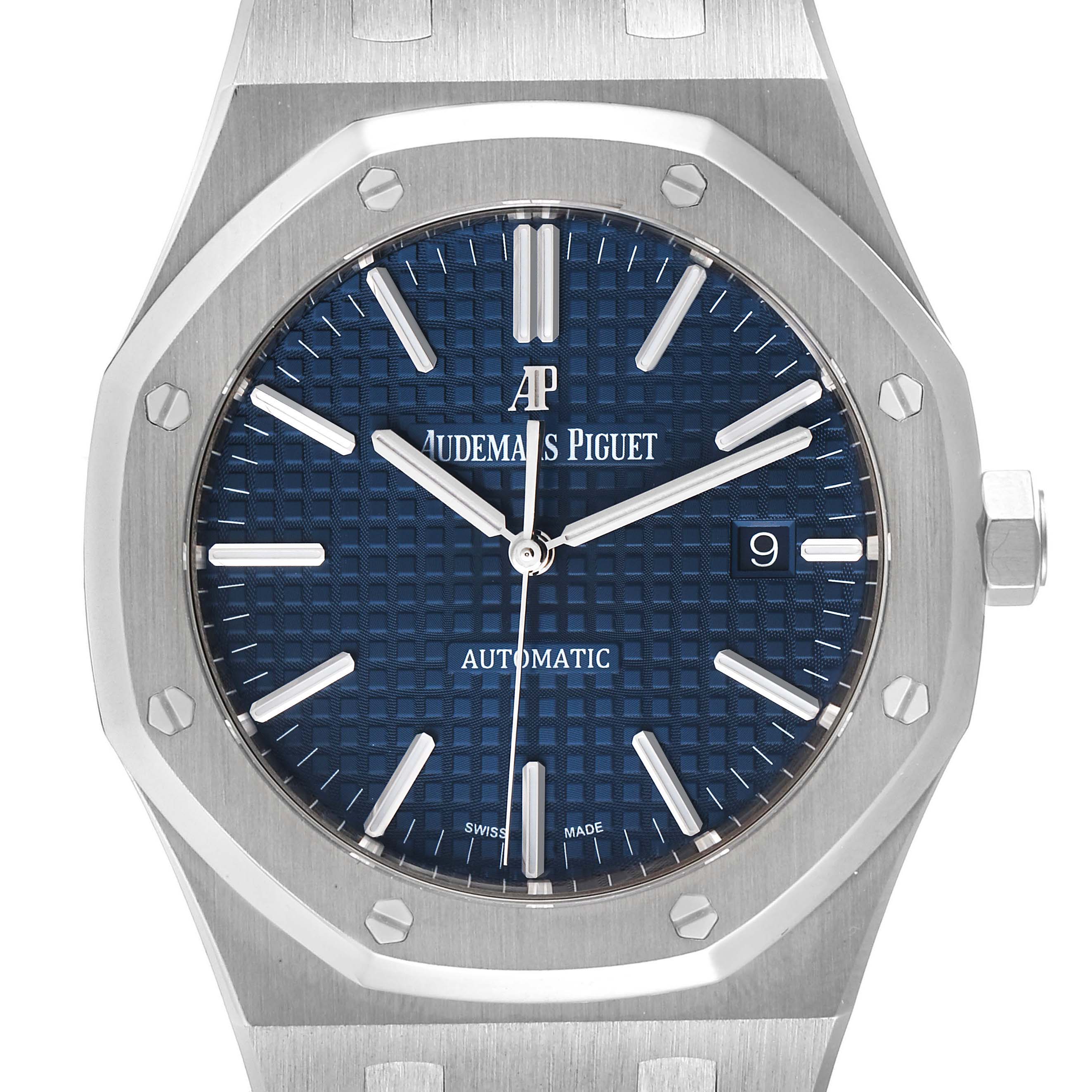 The image shows a front view of the Audemars Piguet Royal Oak 15400ST.OO.1220ST.03 Men's Stainless Steel Blue Dial 15400ST.OO.1220ST.03 Men's Stainless Steel Blue Dial watch, highlighting its blue dial and octagonal bezel.