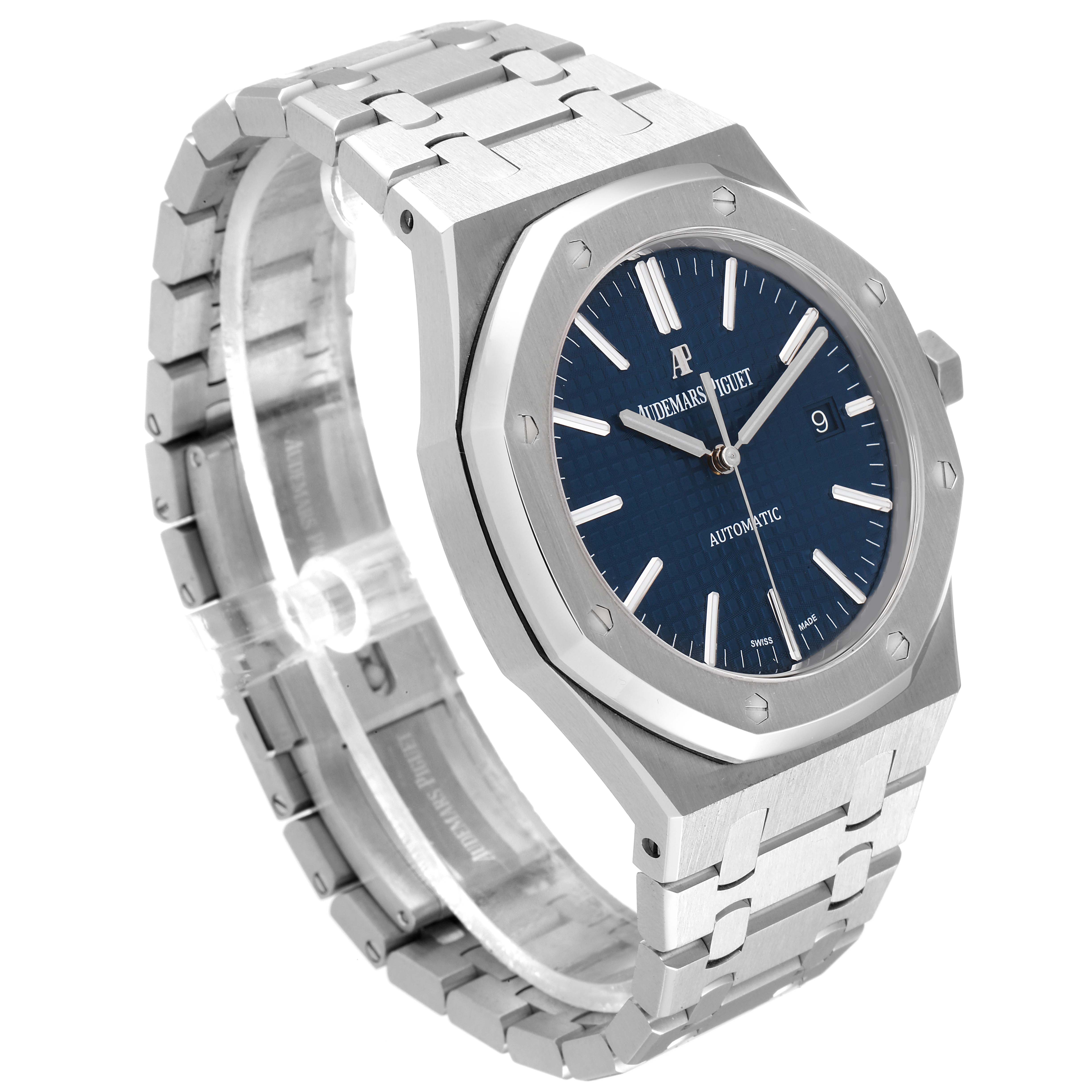 The image shows a side angle view of the Royal Oak watch by Audemars Piguet, highlighting the face, bezel, crown, and bracelet.