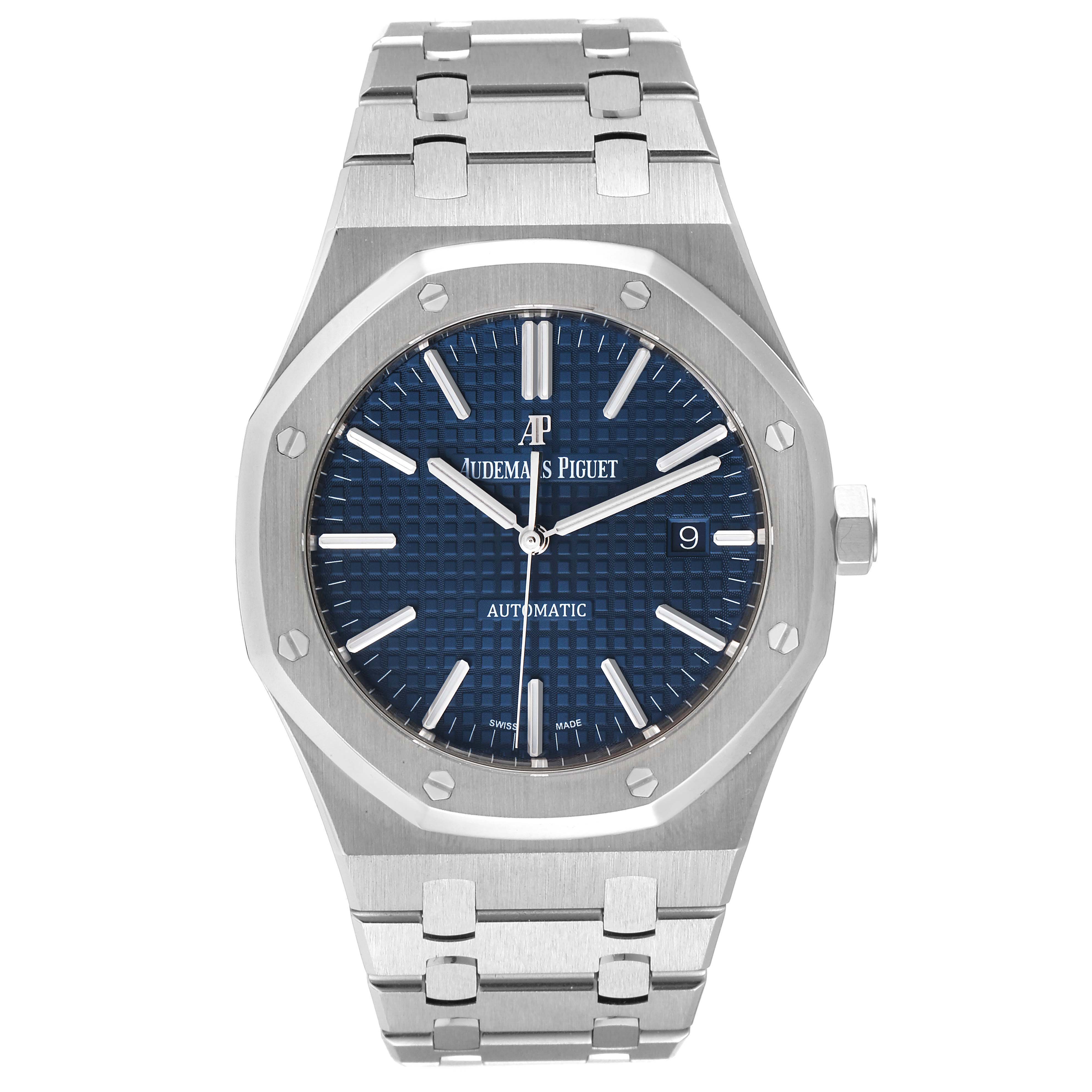 This image shows a front view of the Audemars Piguet Royal Oak 15400ST.OO.1220ST.03 Men's Stainless Steel Blue Dial 15400ST.OO.1220ST.03 Men's Stainless Steel Blue Dial watch, highlighting the dial, bezel, and bracelet.