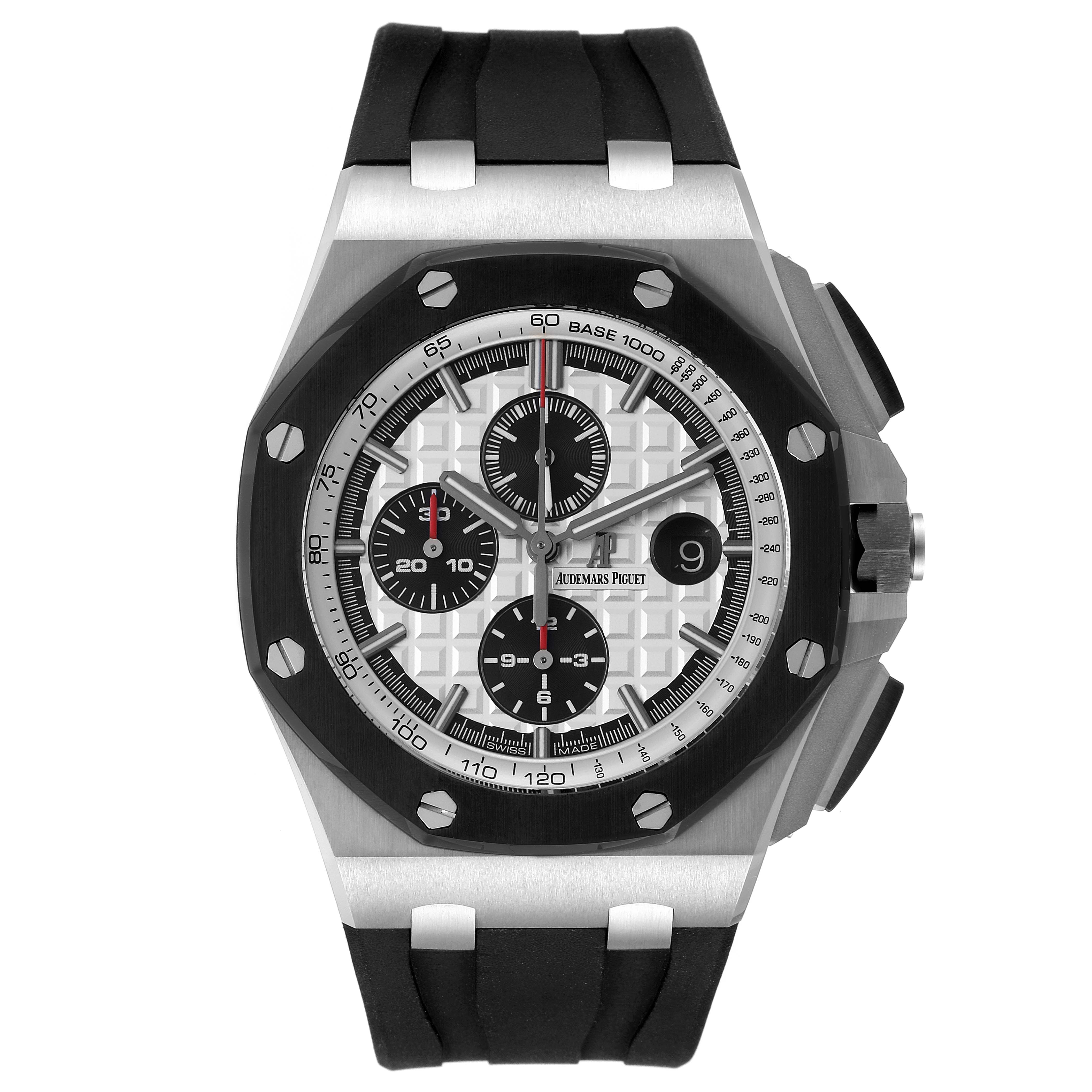 The image shows a front view of the Audemars Piguet Royal Oak Offshore 26400SO.OO.A002CA.01 Men's Stainless Steel Silver Dial 26400SO.OO.A002CA.01 Men's Stainless Steel Silver Dial watch, highlighting its dial, bezel, and strap.