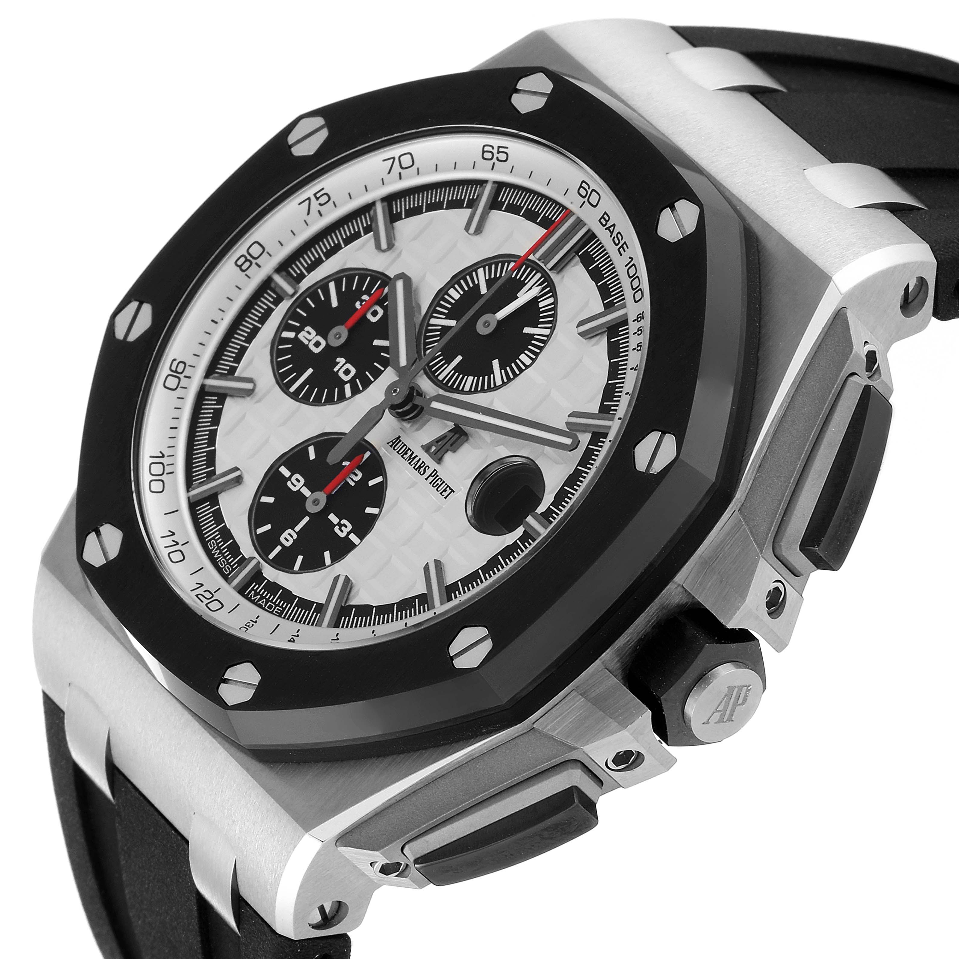 This image shows a close-up side view of an Audemars Piguet Royal Oak Offshore 26400SO.OO.A002CA.01 Men's Stainless Steel Silver Dial 26400SO.OO.A002CA.01 Men's Stainless Steel Silver Dial watch, highlighting the dial, bezel, and crown.