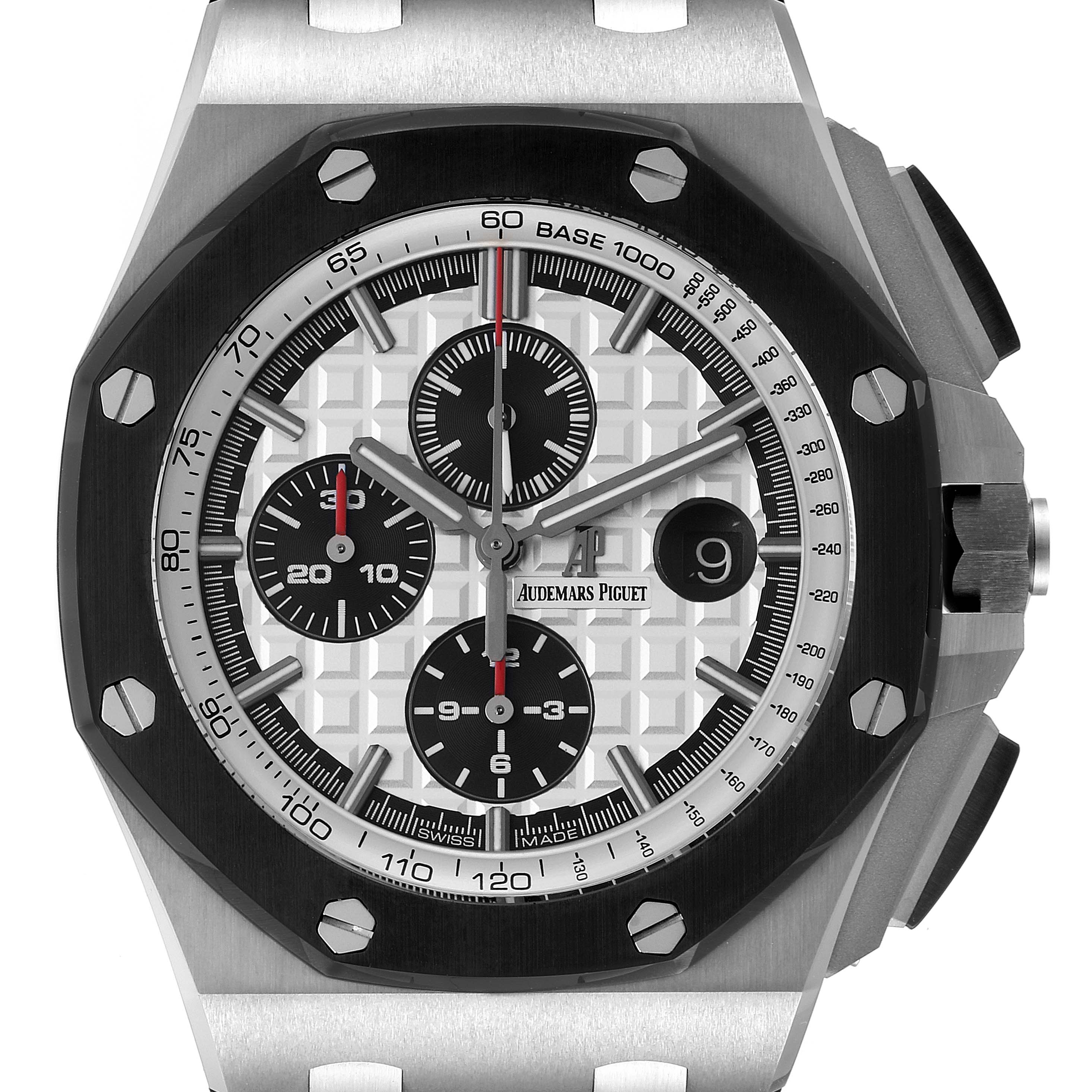 The image shows a front view of an Audemars Piguet Royal Oak Offshore 26400SO.OO.A002CA.01 Men's Stainless Steel Silver Dial 26400SO.OO.A002CA.01 Men's Stainless Steel Silver Dial watch, highlighting the dial, sub-dials, bezel, and pushers.