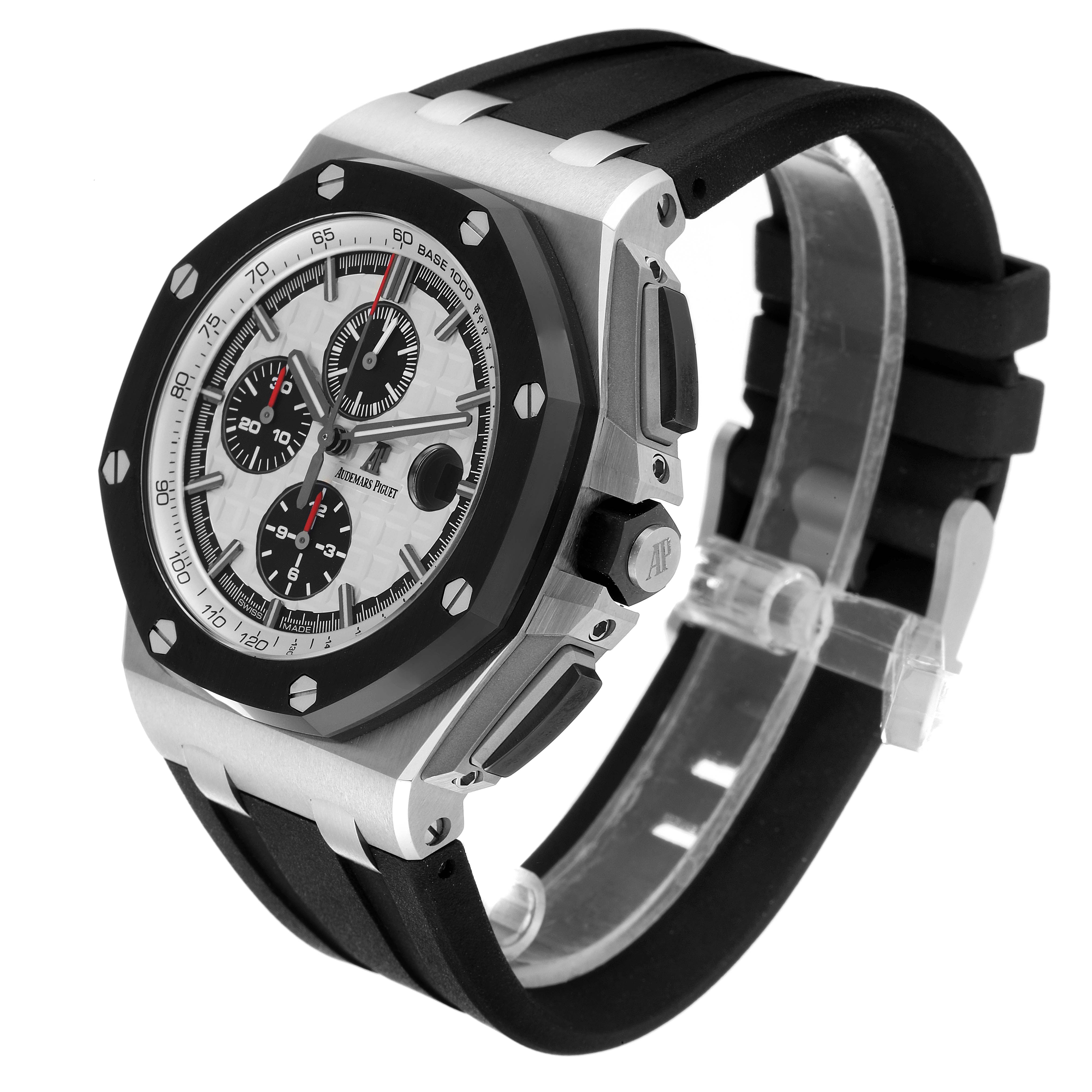 The image shows a Royal Oak Offshore model by Audemars Piguet from a front-side angle, highlighting the dial, bezel, and strap.