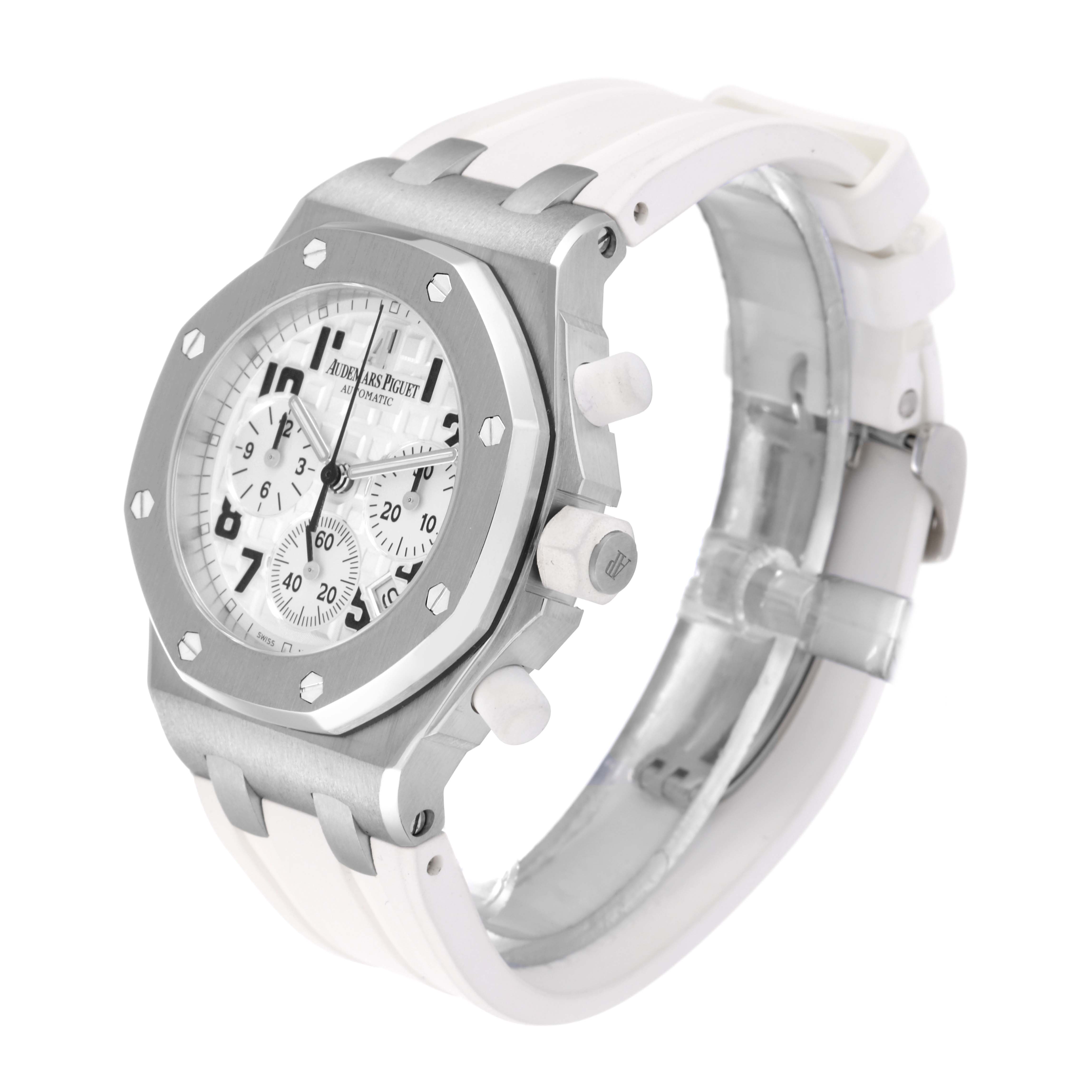 This image shows a side-angle view of an Audemars Piguet Royal Oak Offshore 26283ST.OO.D010CA.01 Men's Stainless Steel Silver Dial 26283ST.OO.D010CA.01 Men's Stainless Steel Silver Dial watch, highlighting the dial, case, and white rubber strap.