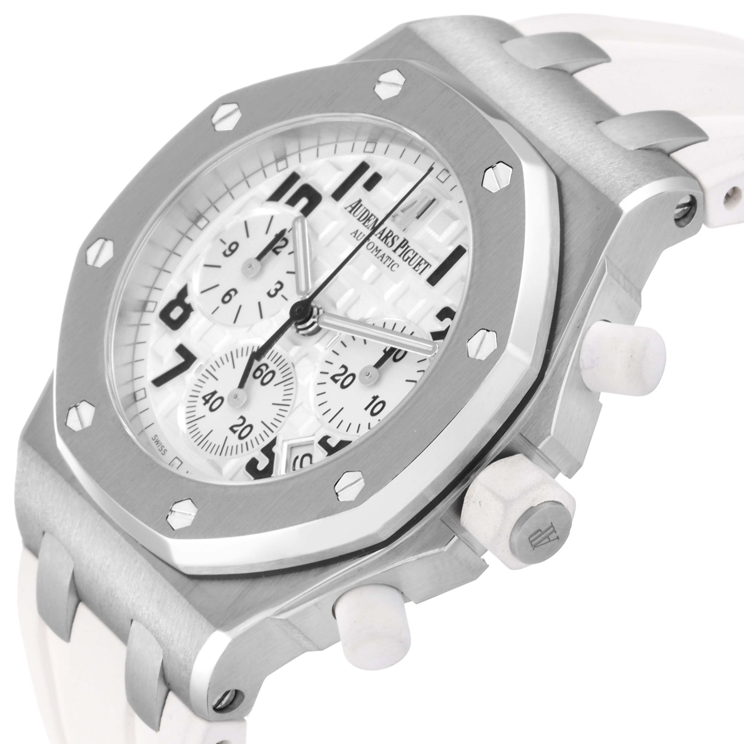 This image shows a close-up angle of the face and crown side of an Audemars Piguet Royal Oak Offshore 26283ST.OO.D010CA.01 Men's Stainless Steel Silver Dial 26283ST.OO.D010CA.01 Men's Stainless Steel Silver Dial watch.