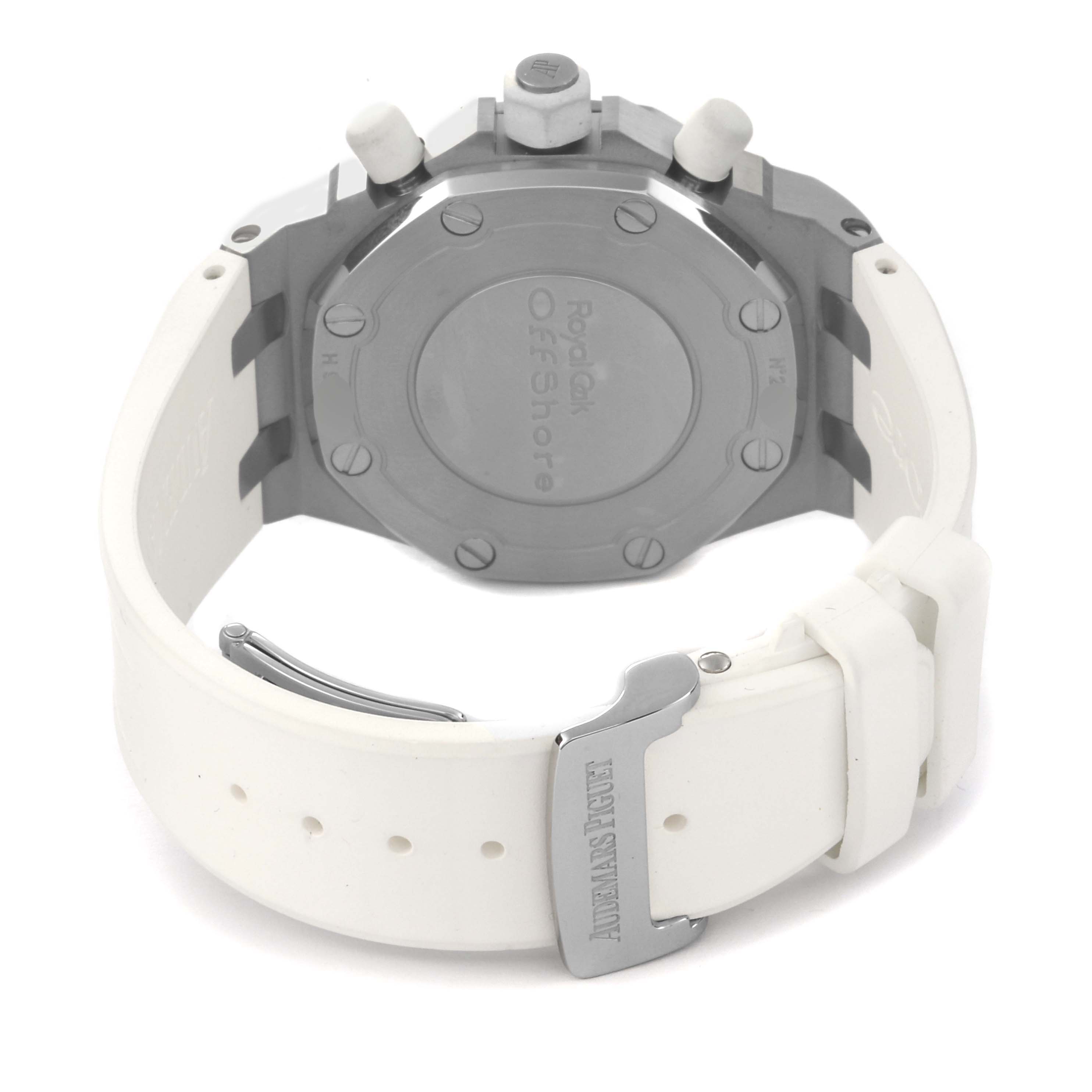 This image shows the back and strap of an Audemars Piguet Royal Oak Offshore 26283ST.OO.D010CA.01 Men's Stainless Steel Silver Dial 26283ST.OO.D010CA.01 Men's Stainless Steel Silver Dial watch at a rear angle.