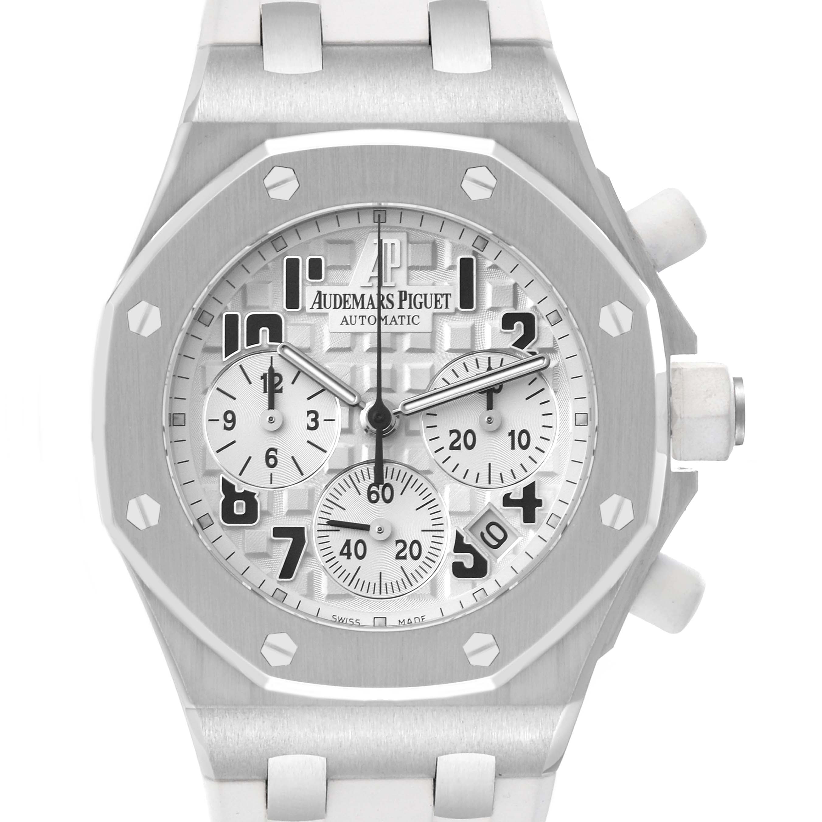 The image shows a front view of the Audemars Piguet Royal Oak Offshore 26283ST.OO.D010CA.01 Men's Stainless Steel Silver Dial 26283ST.OO.D010CA.01 Men's Stainless Steel Silver Dial watch face and part of the strap.