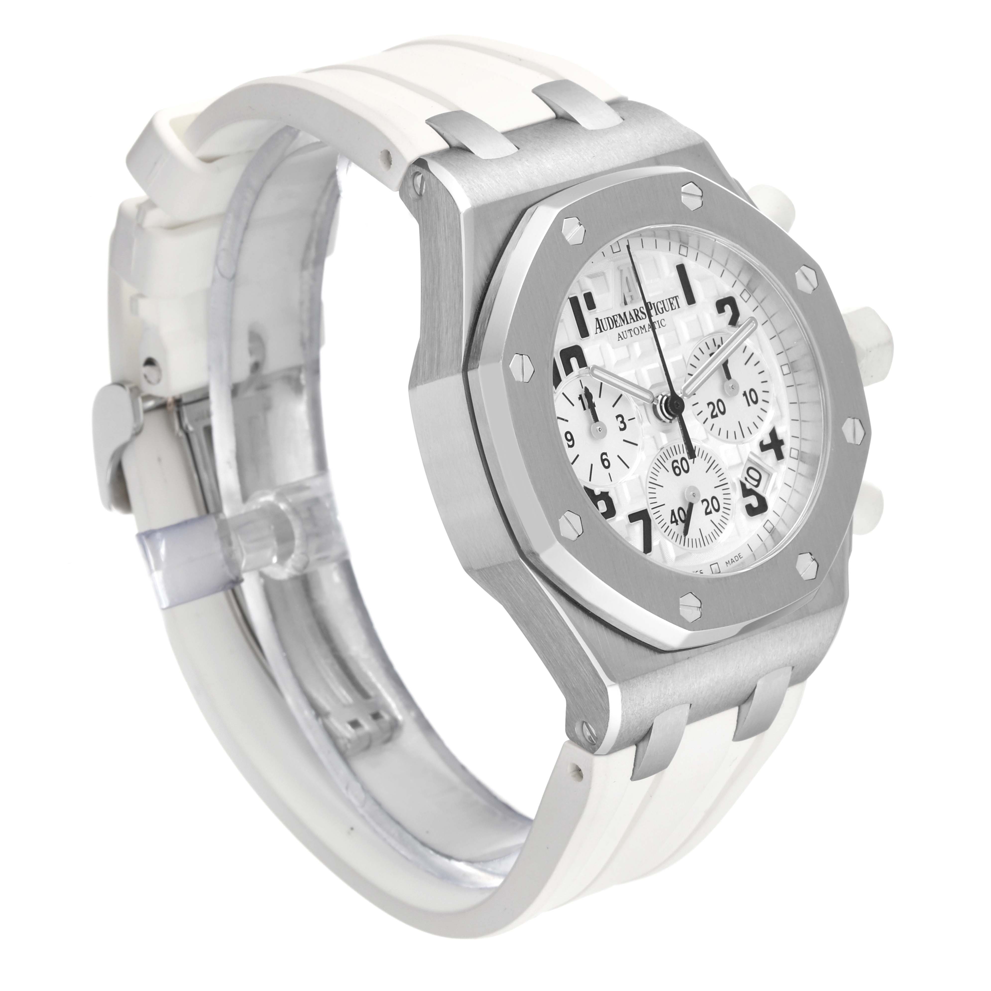 The image shows a side angle of an Audemars Piguet Royal Oak Offshore 26283ST.OO.D010CA.01 Men's Stainless Steel Silver Dial 26283ST.OO.D010CA.01 Men's Stainless Steel Silver Dial watch, highlighting the case, bezel, dial, and white strap.