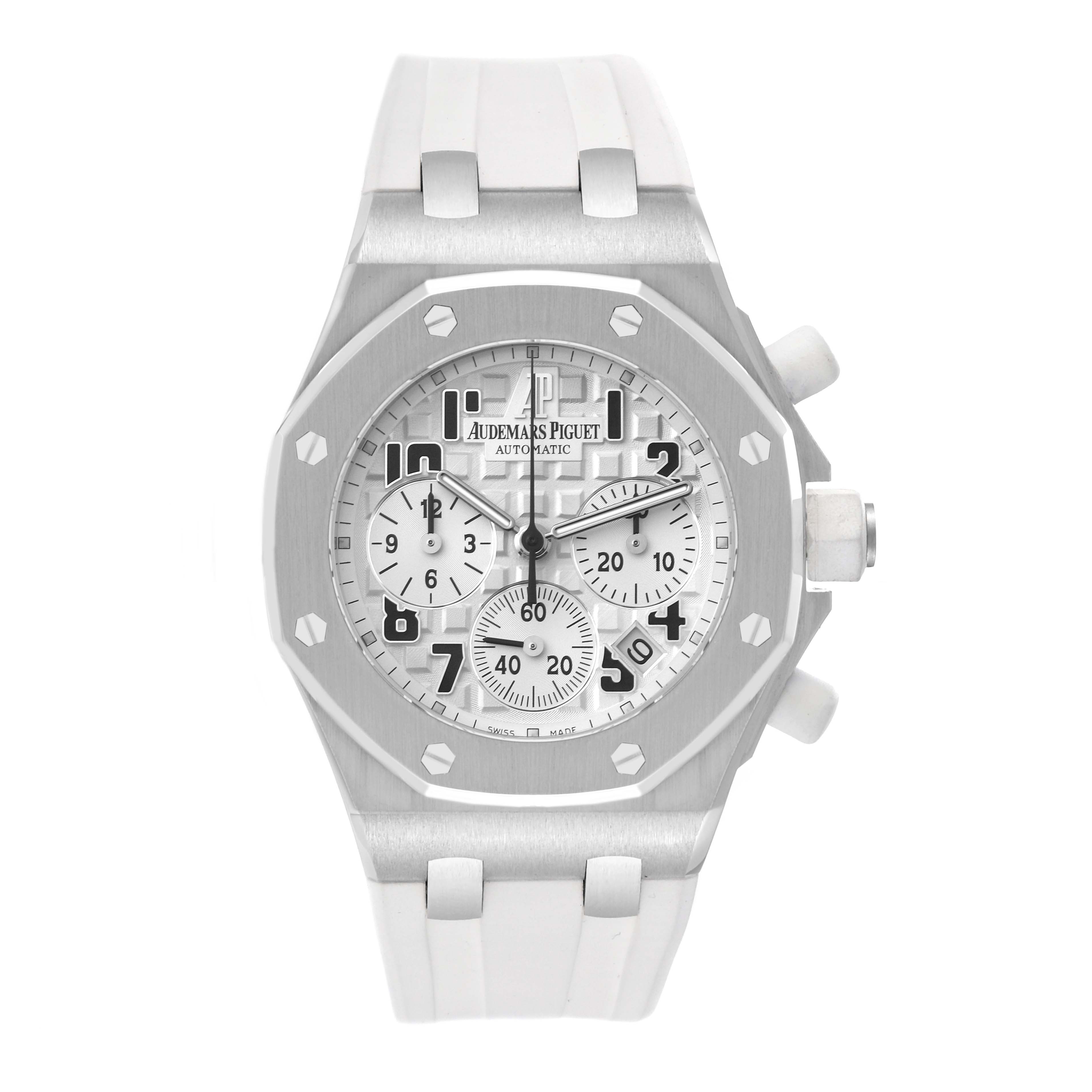 The image shows a head-on view of the Audemars Piguet Royal Oak Offshore 26283ST.OO.D010CA.01 Men's Stainless Steel Silver Dial 26283ST.OO.D010CA.01 Men's Stainless Steel Silver Dial watch, displaying its dial, bezel, and strap.