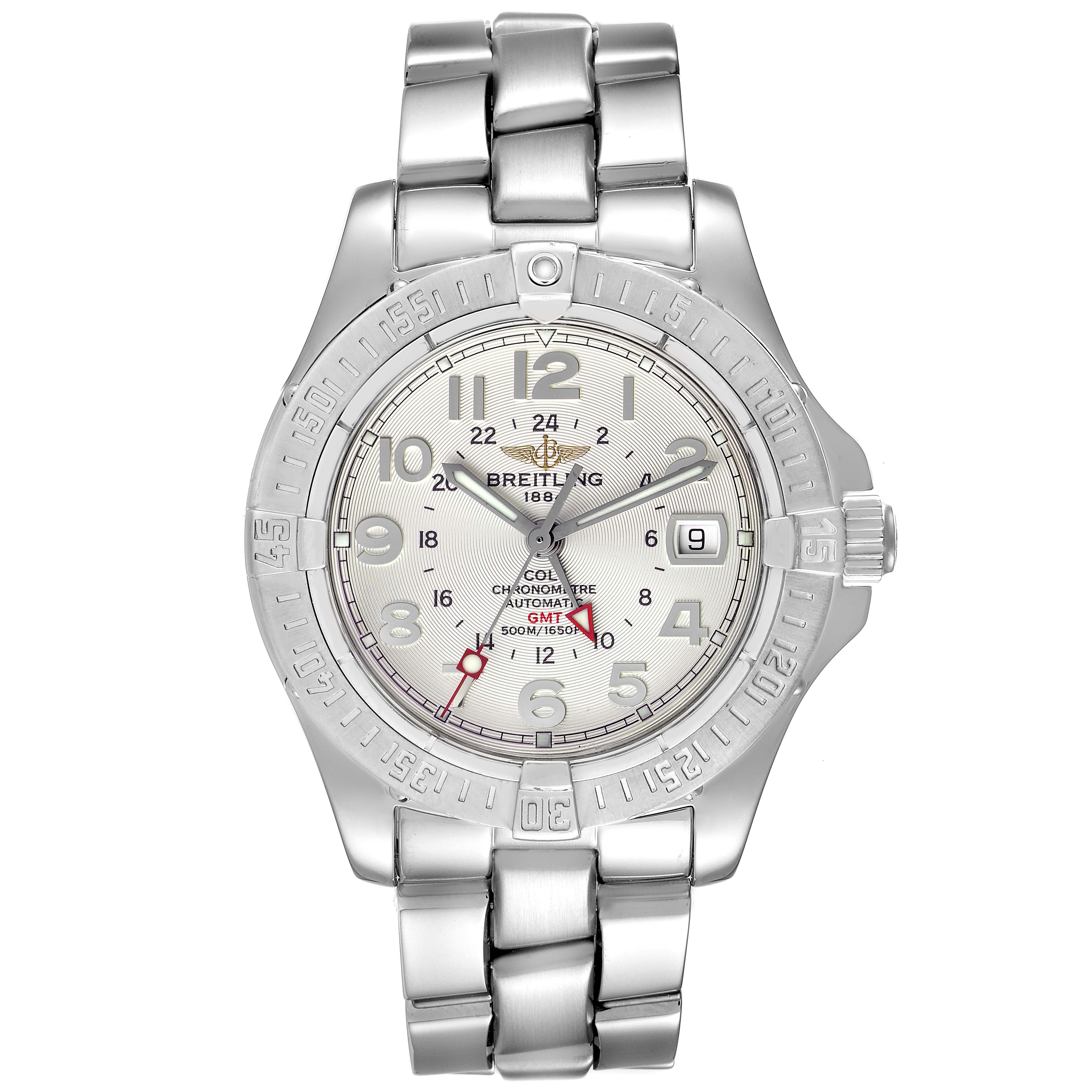 The image shows a front view of a Breitling Colt A32350 Men
s Stainless Steel Silver Dial A32350 Men
s Stainless Steel Silver Dial watch, detailing the dial, bezel, bracelet, and crown.